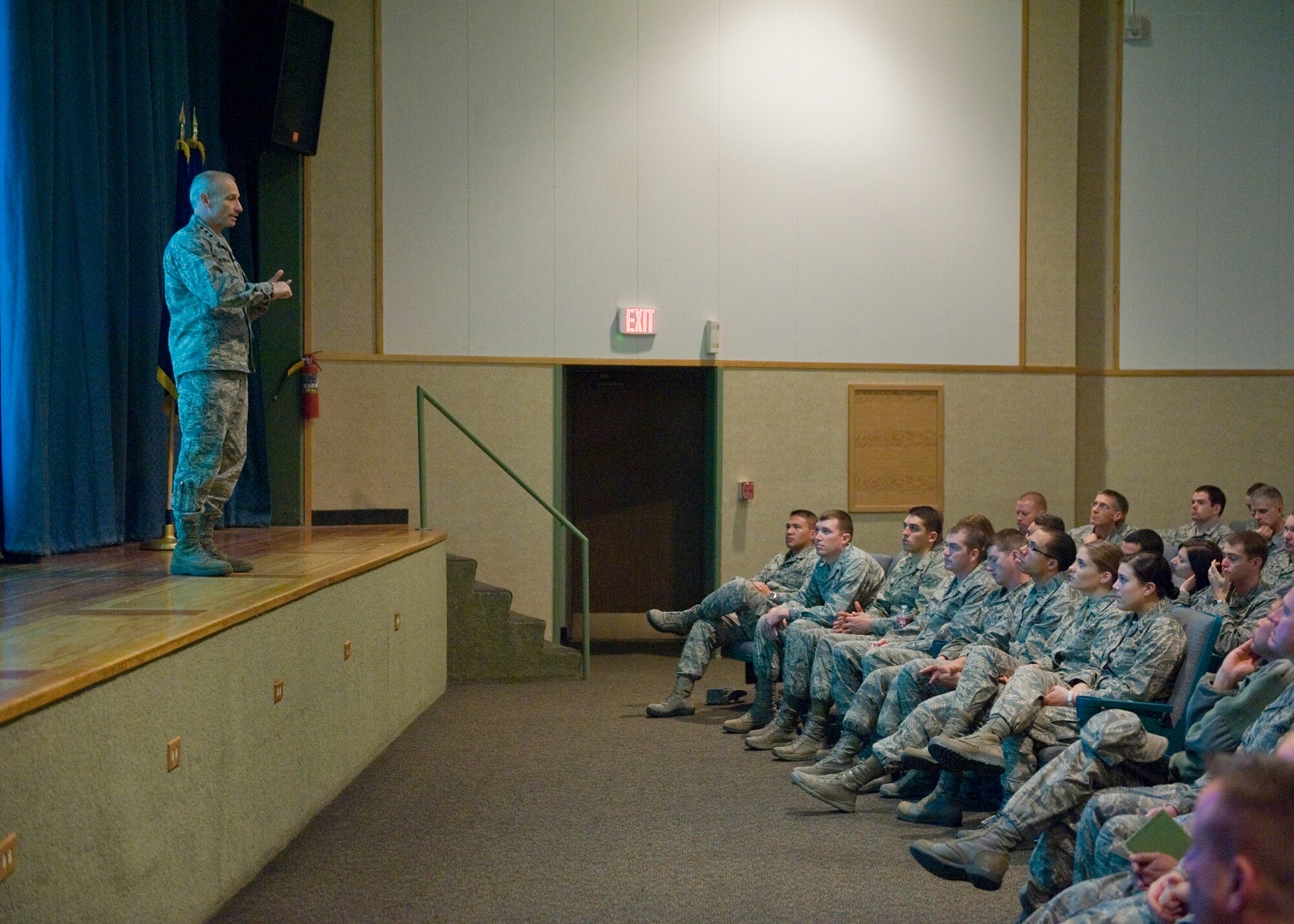 Lt. Gen. James Kowalski, Air Force Global Strike Command commander, speaks to officers and senior noncommissioned officers during an all-call held at the base auditorium on Oct. 30.  Kowalski visited the base on Oct. 28 to 30 for a chance to see Team Malmstrom members in action.  (U.S. Air Force photo/Beau Wade)