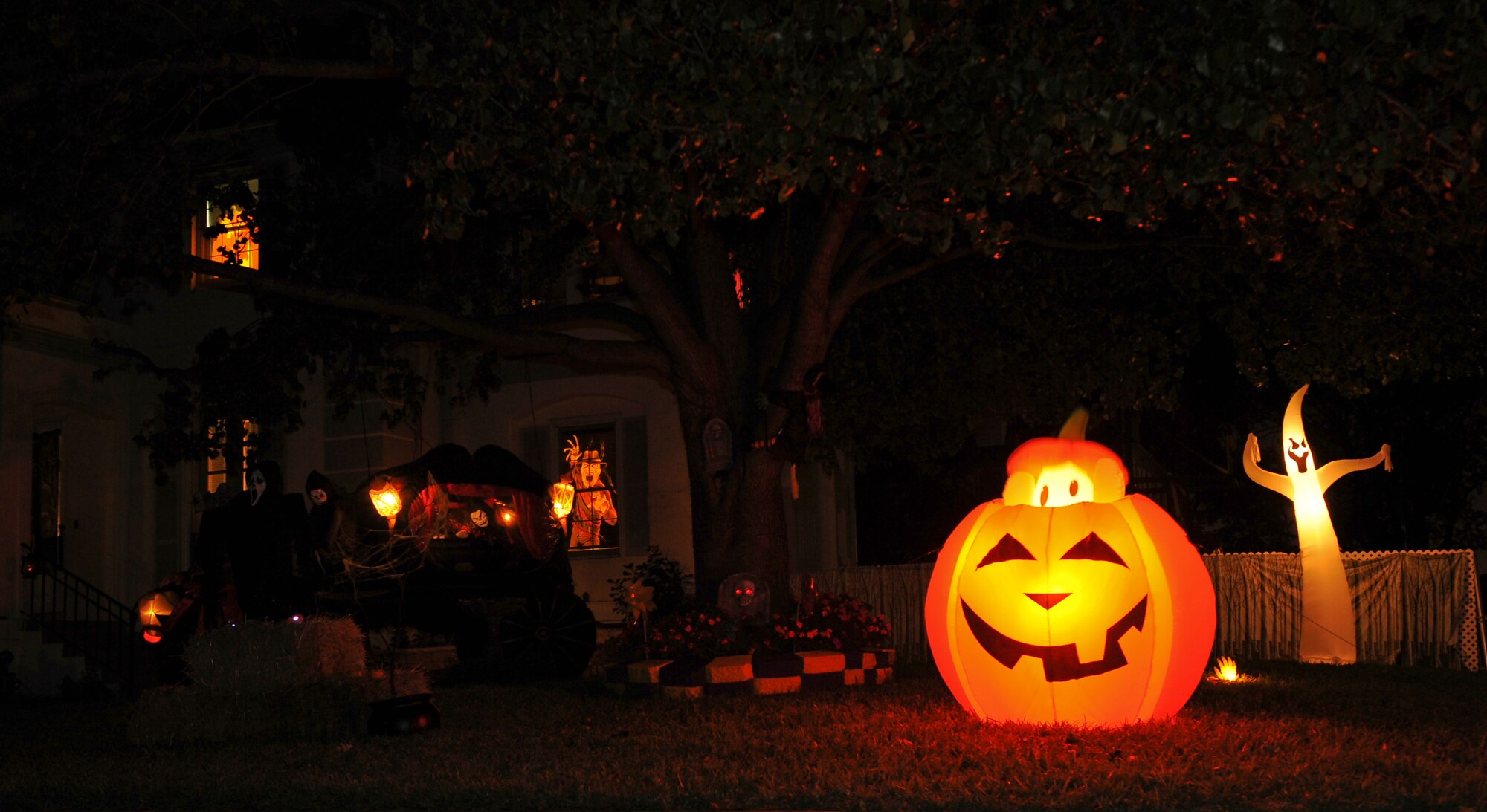 Halloween decorations sit on display in front of a house during Halloween on Barksdale Air Force Base, La., Oct. 31. In Halloween spirit, Barksdale Airmen and their families decorated their homes and gave out candy to trick-or-treaters. (U.S. Air Force photo/Airman 1st Class Benjamin Gonsier)(RELEASED)
