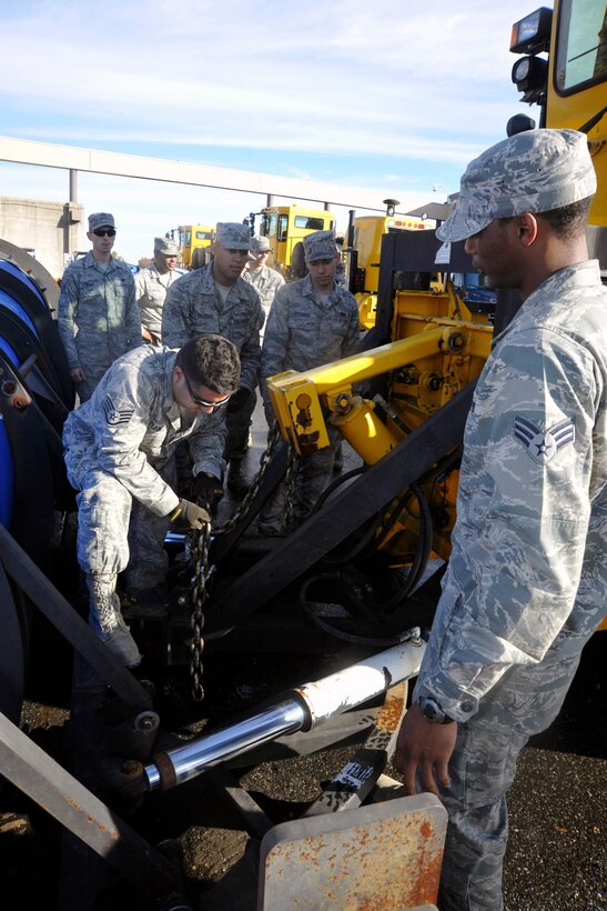 Members of the 11th Civil Engineer Squadron’s snow-removal team learn to affix a scraper to an airfield snow plow on the Andrews flight line Oct. 18, 2012, during pre-season snow-removal training. Team members spent time familiarizing themselves with each piece of heavy snow-removal equipment, ensuring their confidence in its operation before winter storm season. (U.S. Air Force photo/Senior Airman Lindsey Porter)