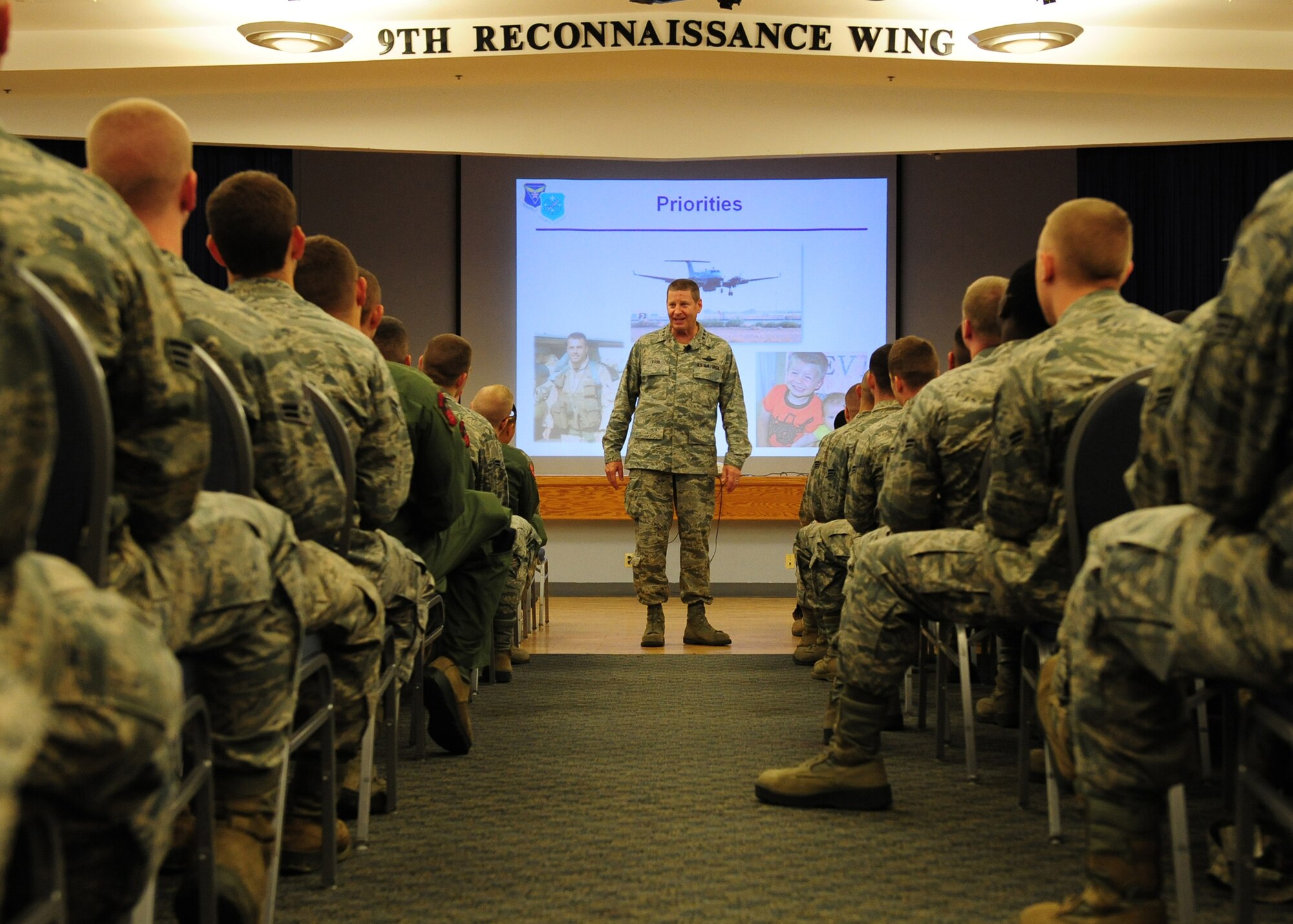 U.S. Air Force Lt. Gen. Robin Rand, 12th Air Force (Air Forces Southern) commander, speaks to Airmen about priorities during an all-call at Beale Air Force Base, Calif., Oct. 31, 2012. Rand described his top priorities as the Air Force mission, taking care of Airmen and their families. (U.S. Air Force photo by Senior Airman Shawn Nickel/Released)