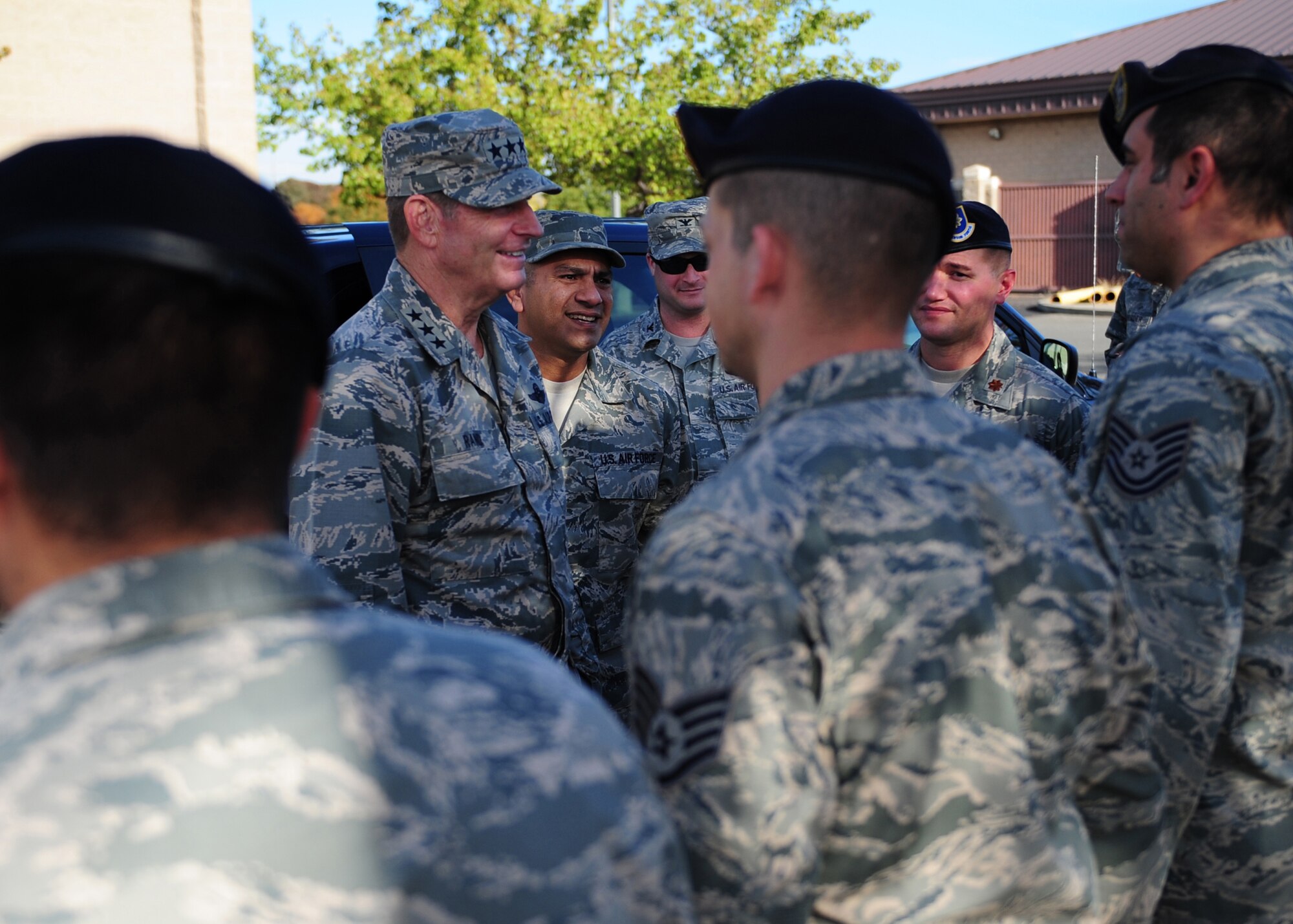 U.S. Air Force Lt. Gen. Robin Rand, 12th Air Force (Air Forces Southern) commander, meets and coins wounded warriors and select members of the 9th Security Forces Squadron during a visit to Beale Air Force Base, Calif., Oct. 31, 2012. Rand and Chief Master Sgt. Gerardo Tapia, 12th AF (AFSOUTH) command chief master sergeant, toured several base units and agencies as part of an initiative to visit all of the installations under his command. They observed numerous facets of the 9th Reconnaissance Wing mission. (U.S. Air Force photo by Senior Airman Shawn Nickel/Released)