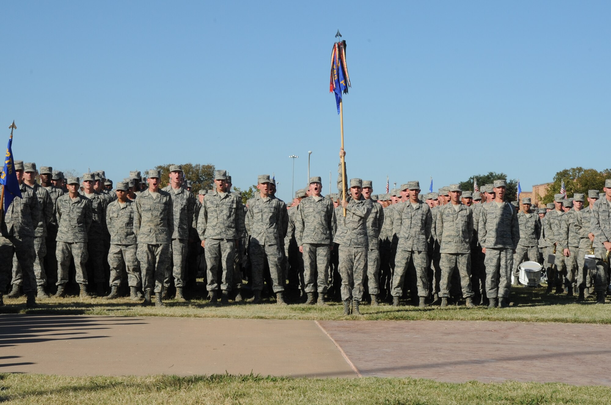 The 363rd Training Squadron yells out their squadron chant during the 82nd Training Wing quarterly "Drill Down" competition Oct. 31, 2012 at the Sheppard Air Force Base, Texas, parade field Oct. 31, 2012. The drill down was
judged by Lt. Gen. Gorenc, the Air Force's Assistant Vice-Chief of Staff, Brig. Gen. Les Kodlick, Air Force Director of Public Affairs and Chief Master Sgt. of the Air Force James Roy as part of a civic leader tour visit to the base with first place going to the the 363rd TRS. (U.S. Air Force Photo/Felton Joshua)
