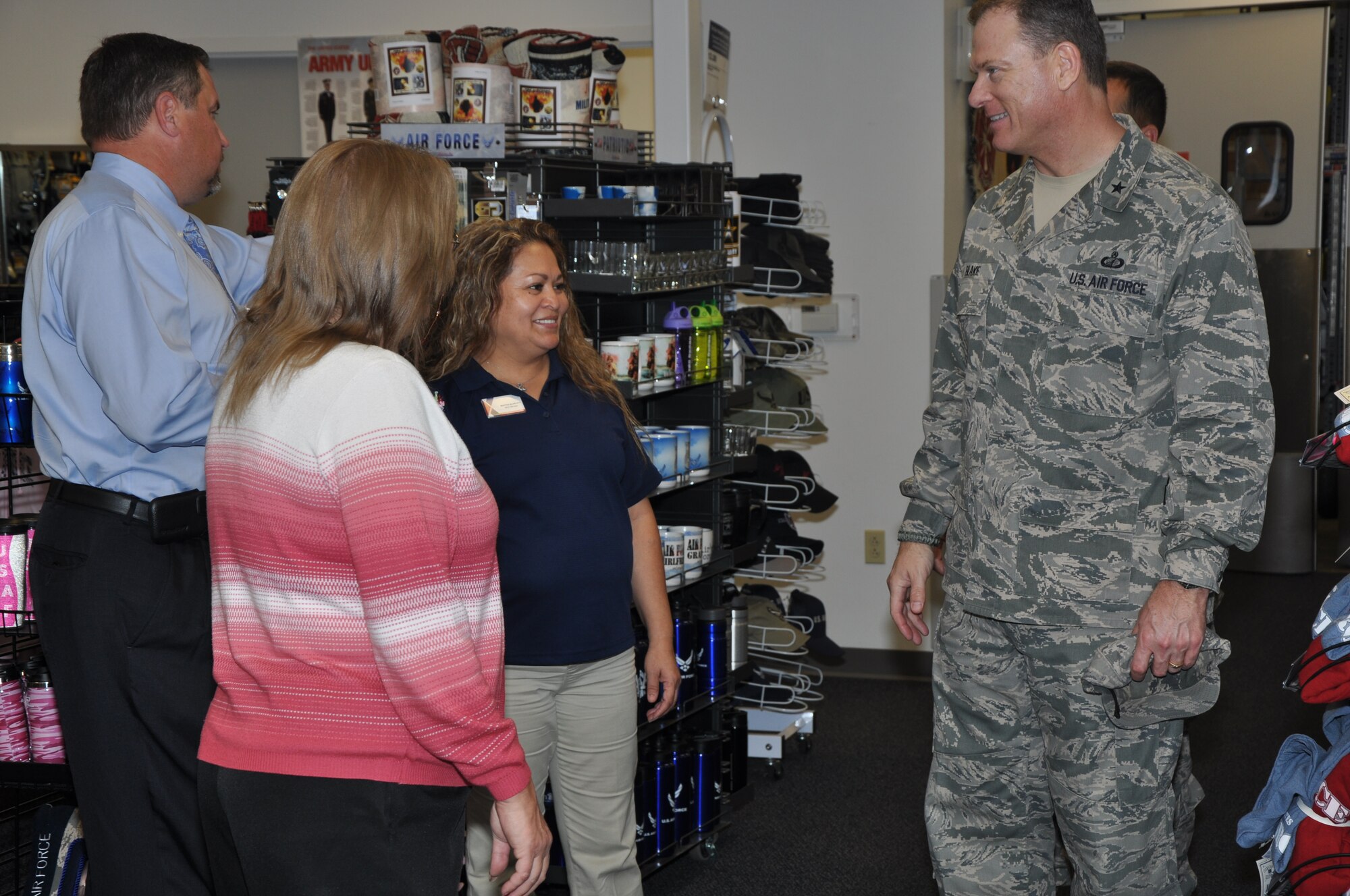 GOODFELLOW AIR FORCE BASE, Texas- Brigadier General Casey Blake, U.S. Army and Air Force Exchange Service deputy director, talks with AAFES employees at the Military Clothing Sales store Oct. 30 here. Blake visited Goodfellow to meet with base command and AAFES employees while visiting AAFES stores on base. (U.S. Air Force photo/ Airman 1st Class Joshua Edwards)