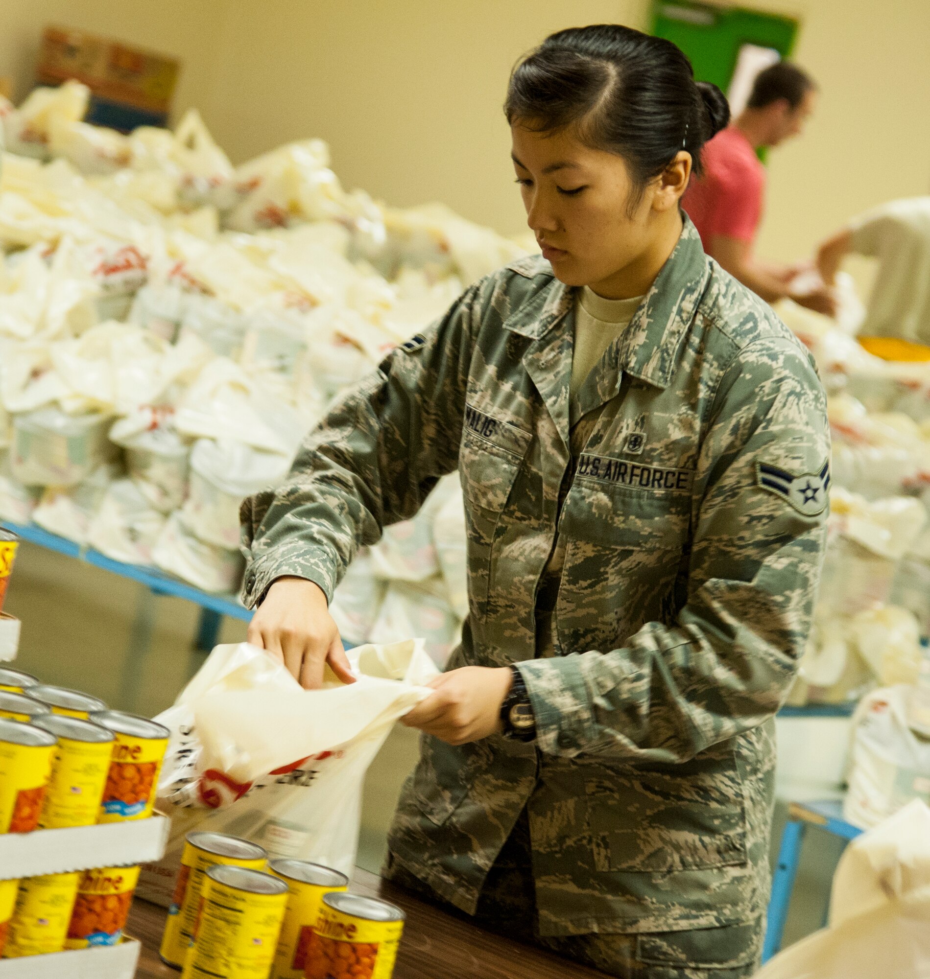 Kristin Malig, 47th Medical operations Squadron, helps put together bags of food for local families at the Val Verde County Loaves and Fishes Food Bank in Del Rio, Texas, Oct. 25, 2012. The Val Verde County Loaves and Fishes Food Bank provides food for more than 1,500 people in the local community. (U.S. Air Force photo/Airman 1st Class Nathan Maysonet) 