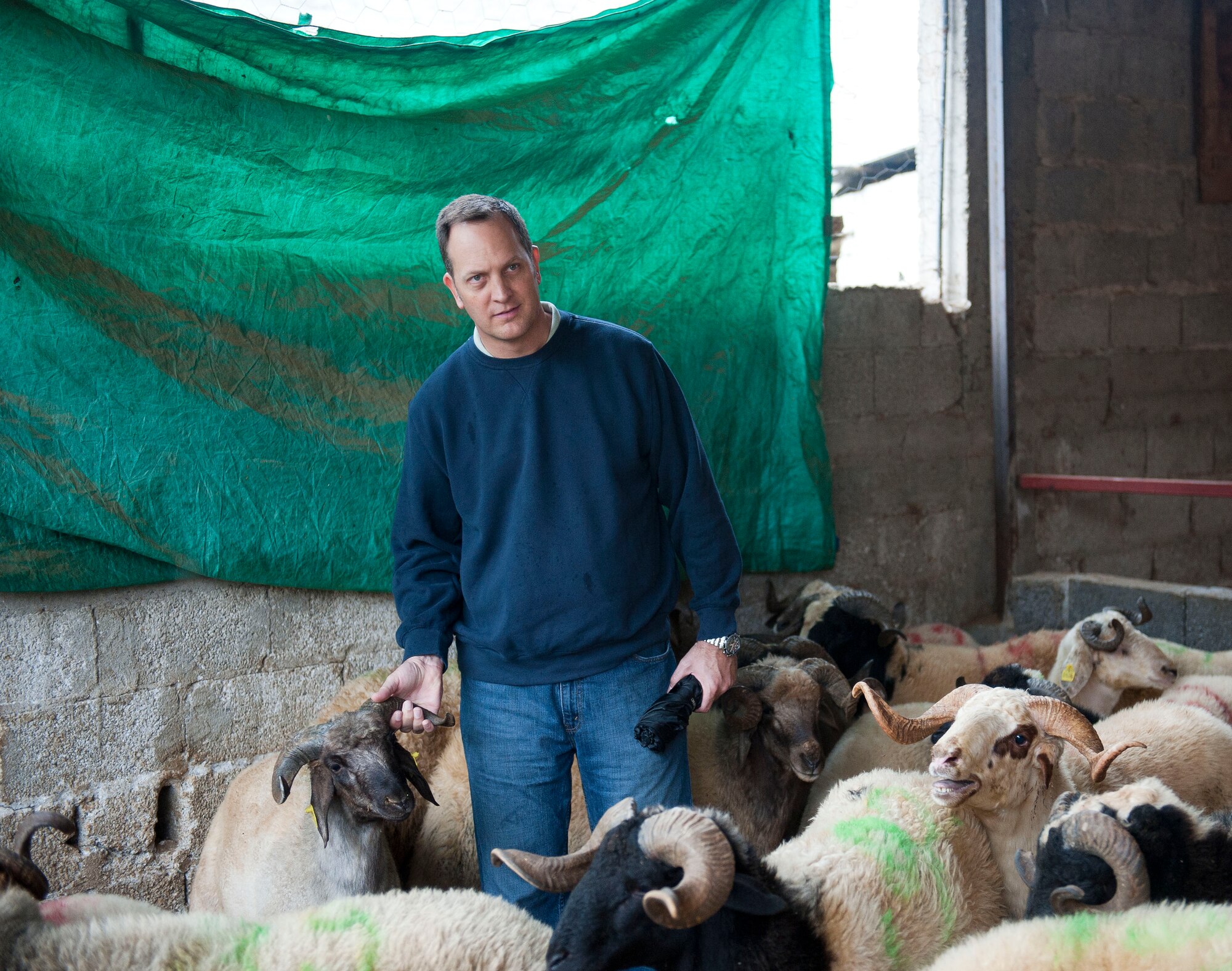 Lt. Col. Mike Moeding, 90th Expeditionary Air Refueling Squadron commander, locates a sheep Oct. 25, 2012, at Incirlik Village, Turkey. Members of the 90th EARS took part in the Muslim Feast of Sacrifice holiday, or Kurban Bayrami, by donating a sheep to local Turkish families. (U.S. Air Force photos by Senior Airman Clayton Lenhardt/Released)