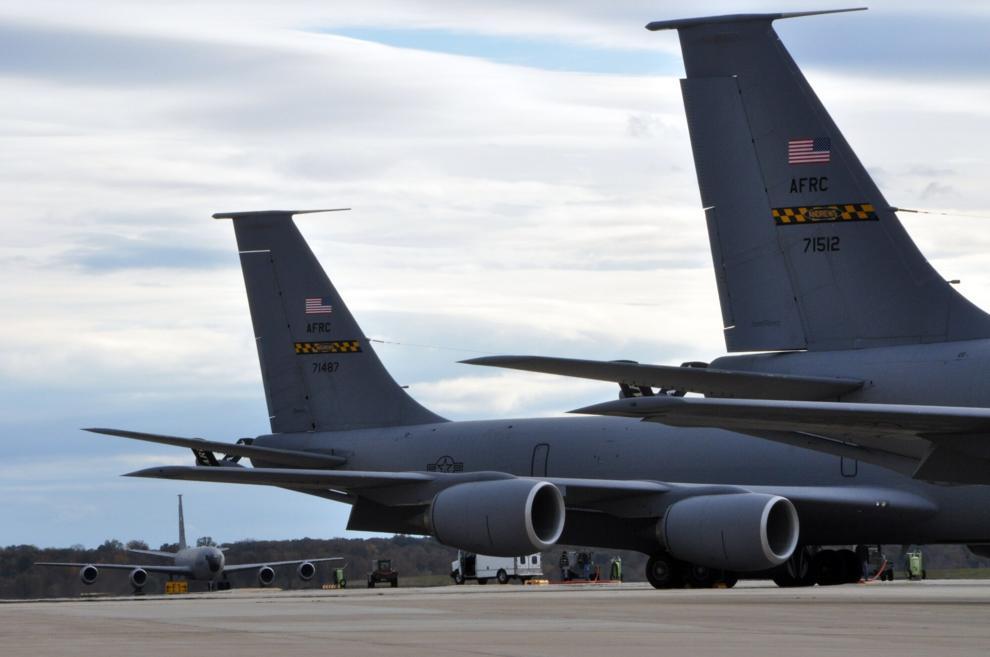 A KC-135 Stratotanker from the 459th Air Refueling Wing at Joint Base Andrews, Md., taxis down the runway toward the other planes while returning home after being evacuated due to Hurricane Sandy, Oct. 31, 2012. The planes were evacuated to a location away from any affects of the storm as to protect these valuable national assets. (U.S. Air Force photo/ Senior Airman Katie Spencer)