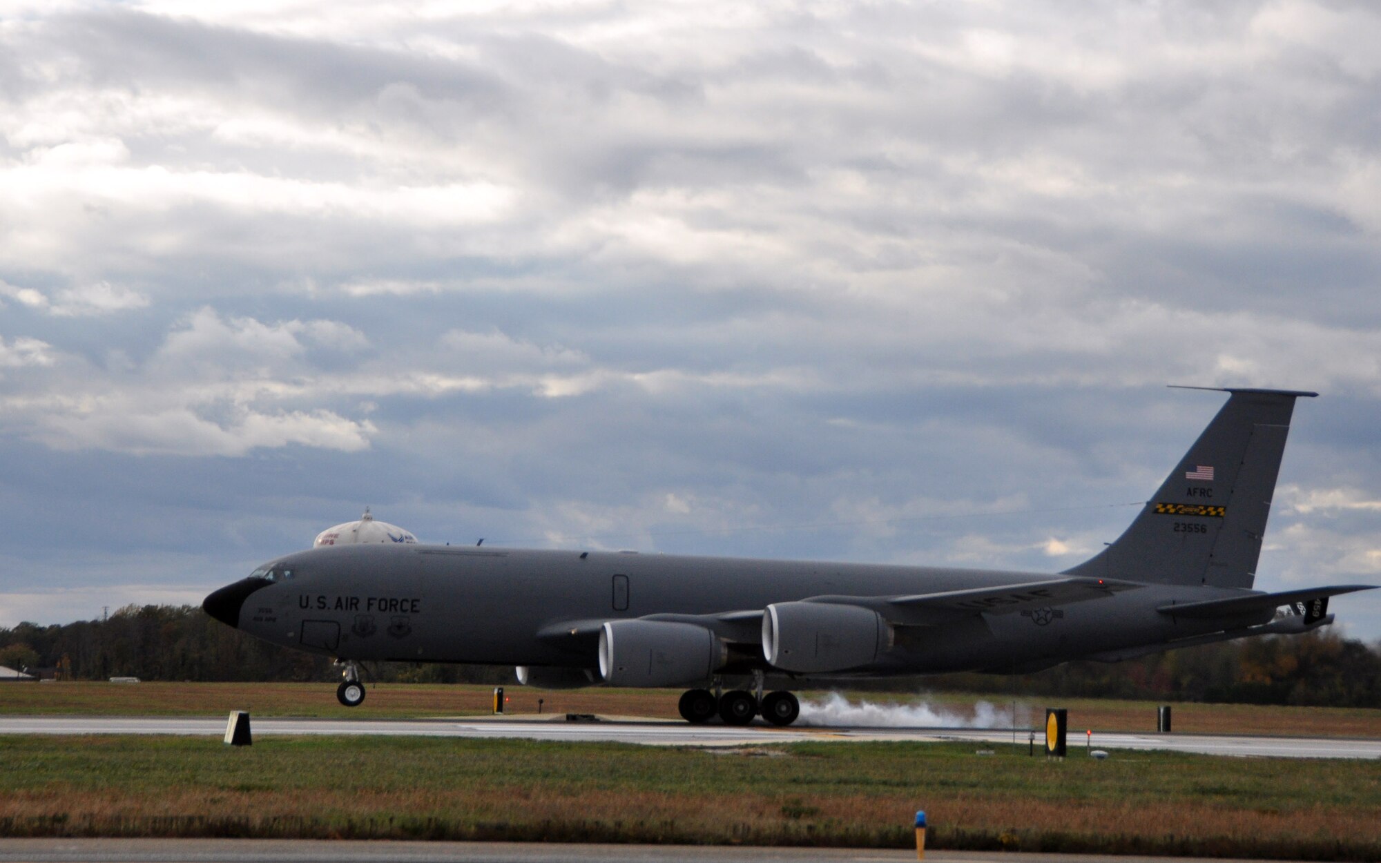 A KC-135 Stratotanker from the 459th Air Refueling Wing at Joint Base Andrews, Md., touches down on the runway while returning home after being evacuated due to Hurricane Sandy, Oct. 31, 2012. The planes were evacuated to a location away from any affects of the storm as to protect these valuable national assets. (U.S. Air Force photo/ Senior Airman Katie Spencer)