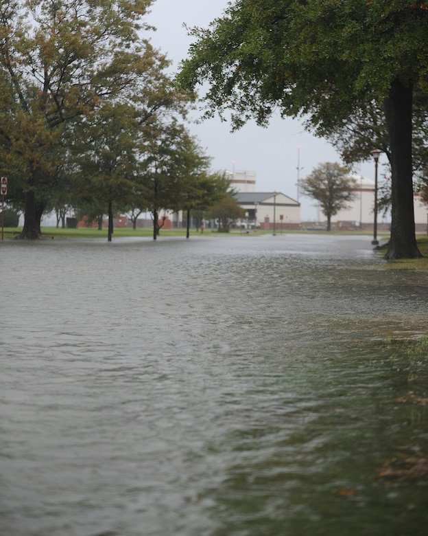The waters rise on Langley Air Force Base, Va., during Hurricane Sandy, Oct. 29, 2012. Base personnel were asked to limit all non-essential travel, especially during the storm surge. (U.S. Air Force photo by Staff Sgt. Antionette Gibson/Released)