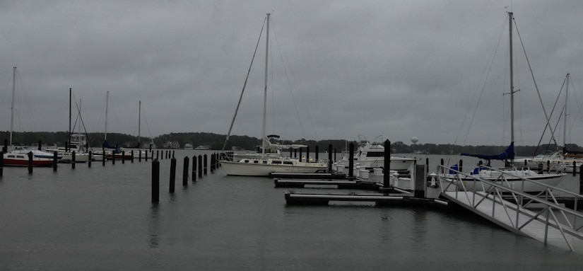 Although the Marina at Langley Air Force Base, Va., did experience flooding Oct. 29, 2012, the docks raised with the water to prevent damage to the boats. Throughout the storm, personnel at both Langley and Fort Eustis, Va. have been working to ensure the base and its personnel are safe and secure. (U.S. Air Force Photo by Airman 1st Class Austin Harvill/Released)