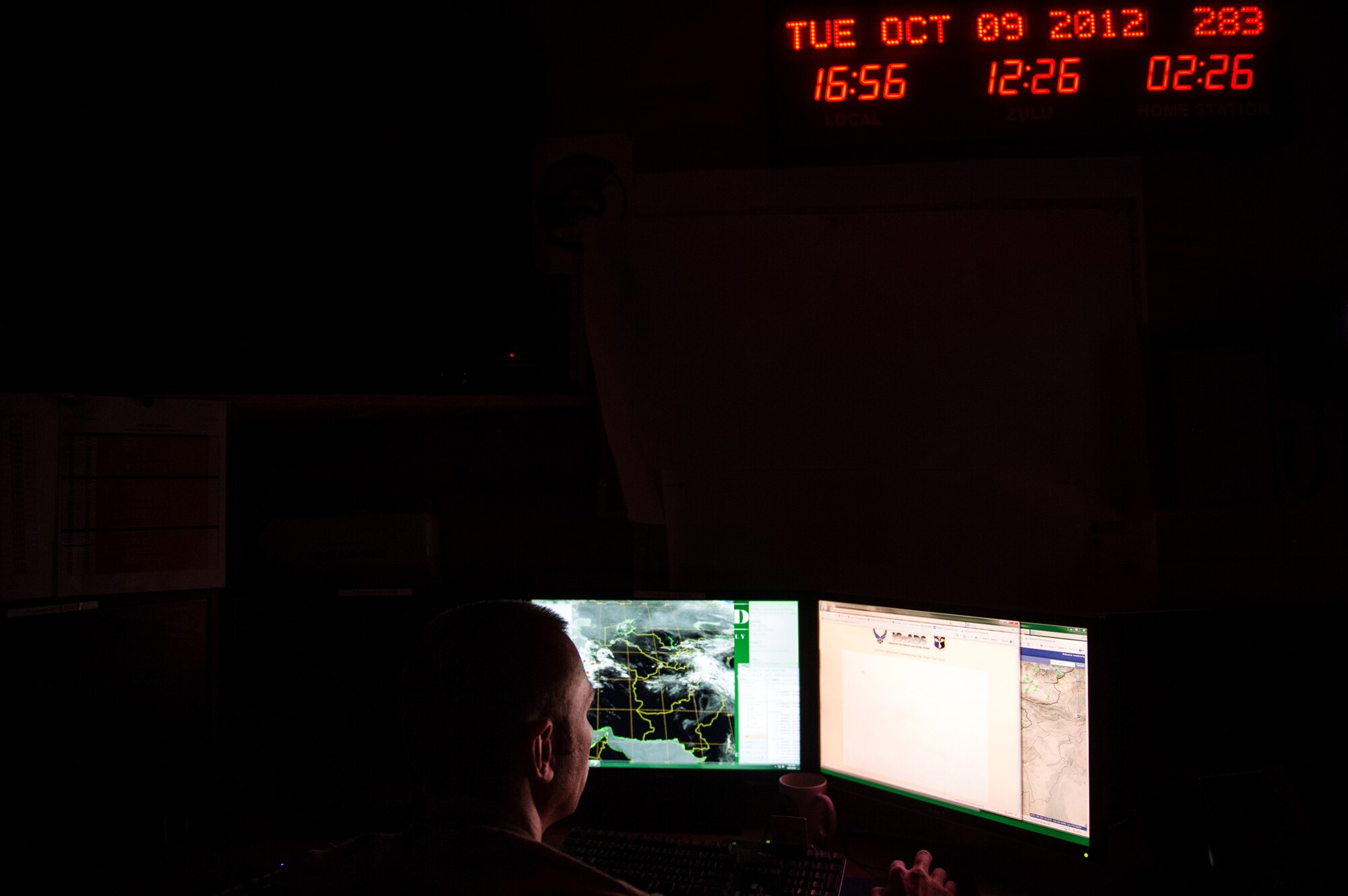 U.S. Air Force Master Sgt. James Rosebrock, 19th Expeditionary Weather Squadron, battlefield weather forecaster, monitors weather data on Oct. 9, 2012, Kandahar Airfield, Afghanistan. The 19th EWS provides Army ground commanders with accurate and real-time weather conditions and offers alternative options to help commanders make informed decisions on combat operations. Rosebrock's hometown is Hutchinson, Minn. (U.S. Air Force photo/Staff Sgt. Jonathan Snyder)