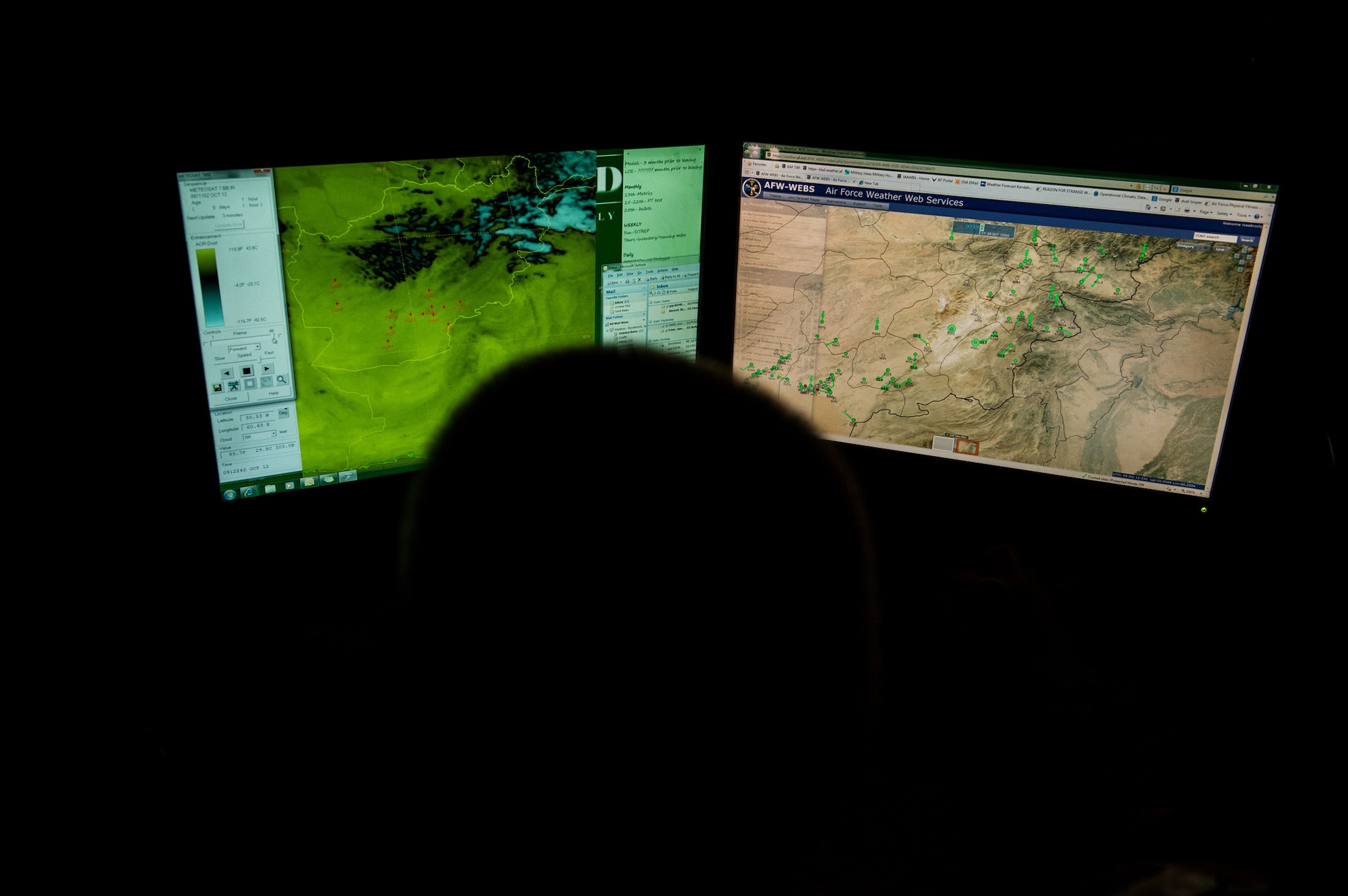 U.S. Air Force Master Sgt. James Rosebrock, 19th Expeditionary Weather Squadron, battlefield weather forecaster, monitors weather data on Oct. 9, 2012, Kandahar Airfield, Afghanistan. The 19th EWS provides Army ground commanders with accurate and real-time weather conditions and offers alternative options to help commanders make informed decisions on combat operations. Rosebrock's hometown is Hutchinson, Minn. (U.S. Air Force photo/Staff Sgt. Jonathan Snyder)