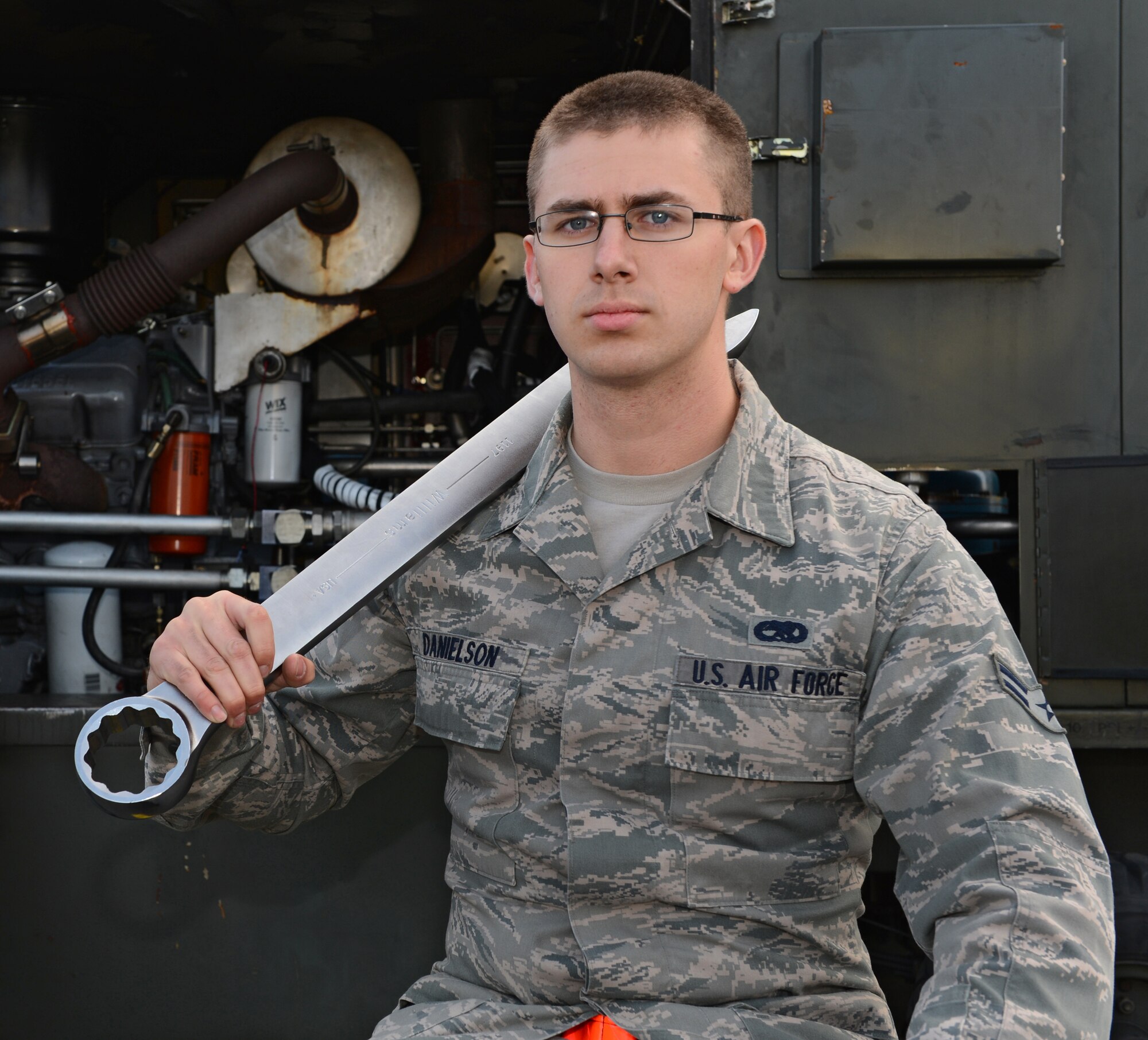 SPANGDAHLEM AIR BASE, Germany -- Airman 1st Class James B. Danielson, 52nd Equipment Maintenance Squadron Aerospace Ground Equipment journeyman, is the Super Saber Performer for the week of Nov. 1 – 7. (U.S. Air Force photo by Airman 1st Class Dillon Davis/Released)