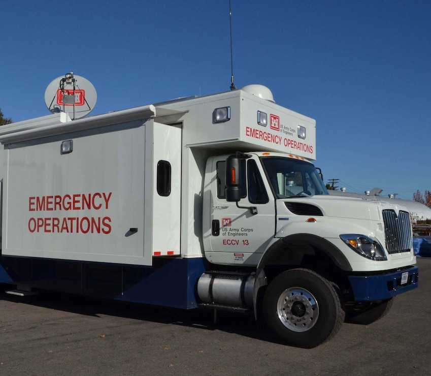 A U.S. Army Corps of Engineers mobile command center - called a Deployable Tactical Operations System, or DTOS - shown during an emergency response exercise in Sausalito, Calif. 