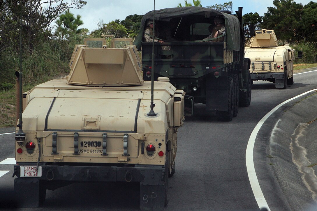 Marines conduct tactical vehicle operators' sustainment training at the Central Training Area at Camp Hansen Oct. 22. The training gave Marines an opportunity to drive different tactical vehicles on various types of terrain they will encounter on Okinawa. The Marines are with Combat Logistics Battalion 4, Combat Logistics Regiment 3, 3rd Marine Logistics Group, III Marine Expeditionary Force. 