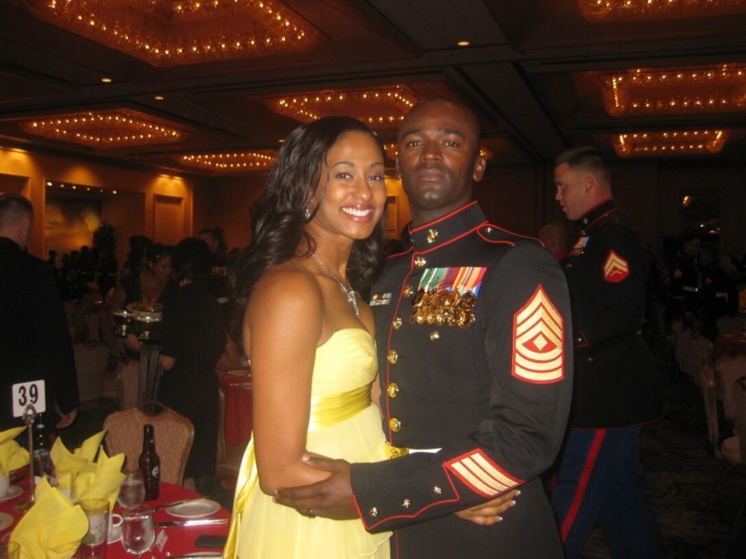Kerry-Ann Ellington poses with her husband, 1st Sgt. Delwin K. Ellington, company first sergeant, Bravo Company, 7th Engineer Support Battalion, 1st Marine Logistics Group. Kerry-Ann was nominated for 2012 Marine Corps Spouse of the Year because of her work with Blue Star Families and the S.T.A.R. Foundation, along with filling the position of an assistant family readiness officer.