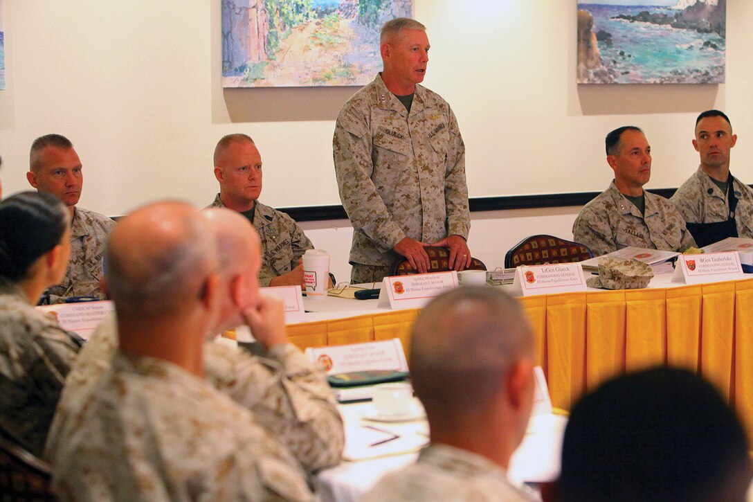 Commanders and senior enlisted leaders from throughout III Marine Expeditionary Force listen as Lt. Gen. Kenneth J. Glueck Jr. speaks at the annual III MEF commanders' conference at the Ocean Breeze at Camp Foster Oct. 29. "We are flexible and can respond to any type of contingency," said Glueck. "I am confident in our abilities and capabilities. We are only getting stronger." Glueck is the commanding general of III MEF. 