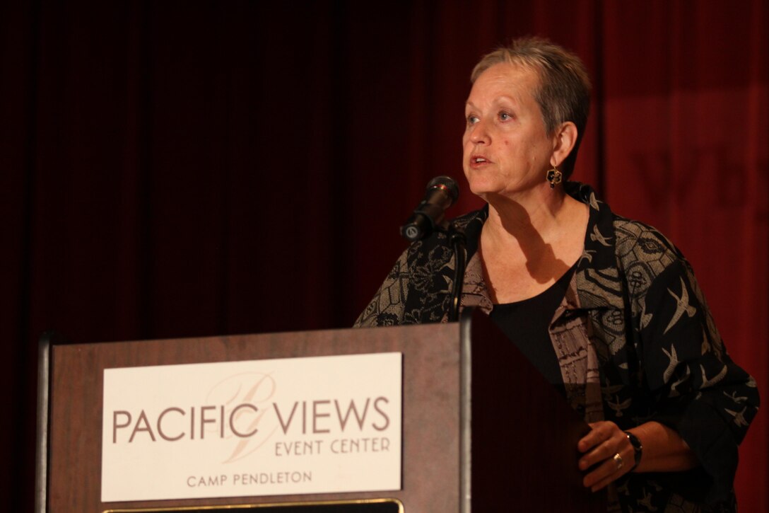Alyce La Violette, a marriage, family and child counselor explains the damage that can be caused through family violence to more than 1,000 Marines during the 10th annual Heroes and Healthy Families conference at the Pacific Views Events Center Oct. 25.