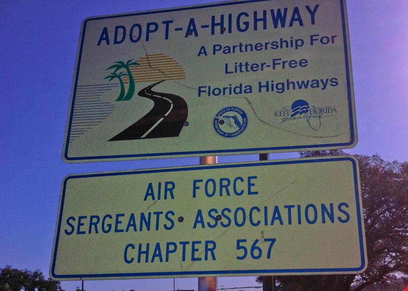 Highway signs mark the stretch of road adopted by the Air Force Sergeants Association of Hurlburt Field, Fla., Oct. 26, 2012. AFSA is a private Air Force organization, created in 1961 to fight for benefits for former Prisoners of War by providing representation in Congress.
 (Courtesy photo)
