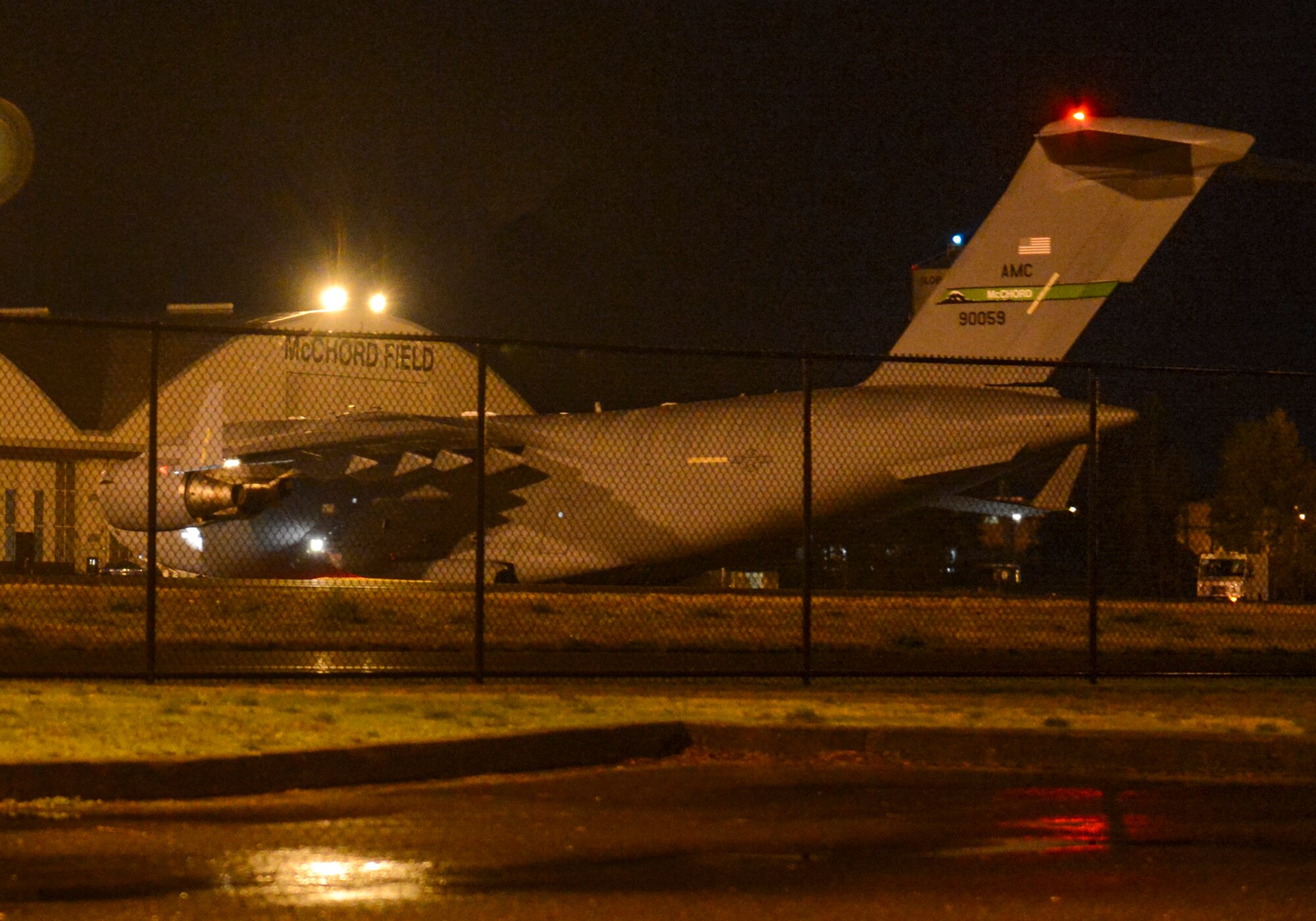 A C-17 Globemaster III aircraft, bound for Stewart Air National Guard Base, N.Y., taxis to the runway, Nov. 1, 2012, at Joint Base Lewis-McChord, Wash. The aircraft made a stop at March Reserve Air Base, Calif., to pick up Southern California Edison electrical utility vehicles to be used in aiding the Hurricane Sandy relief efforts. (U.S. Air Force photo/Staff Sgt. Sean Tobin)