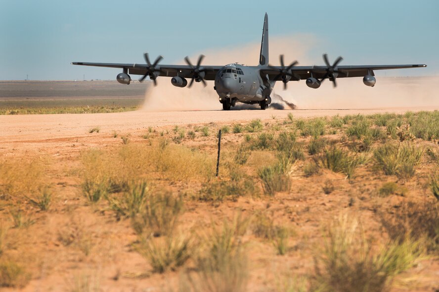 An MC-130J Commando II from the 522 Special Operations Squadron at Cannon Air Force Base, N.M., lands with cargo and supplies during an exercise at Melrose Air Force Range, N.M., Oct. 29, 2012. Aircraft maneuvered troops and cargo from agencies across Cannon to better prepare personnel for potential real-world events. (U.S. Air Force photo/Staff Sgt. Matthew Plew)