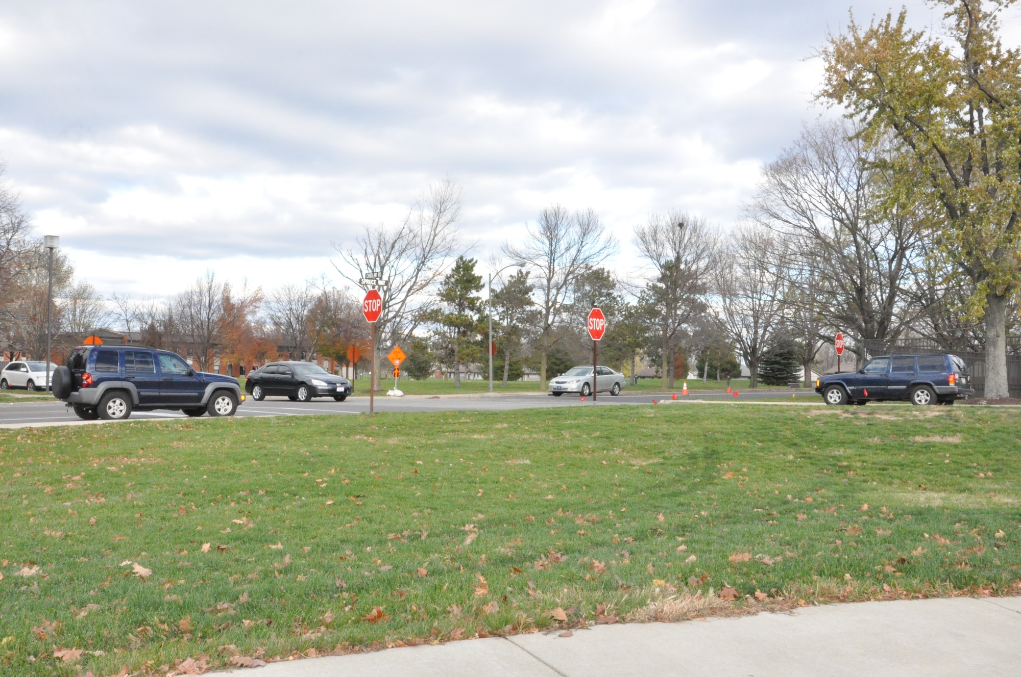 The intersection of Spruce and Chidlaw is now a four-way stop to facilitate flow out Gate 12A.      