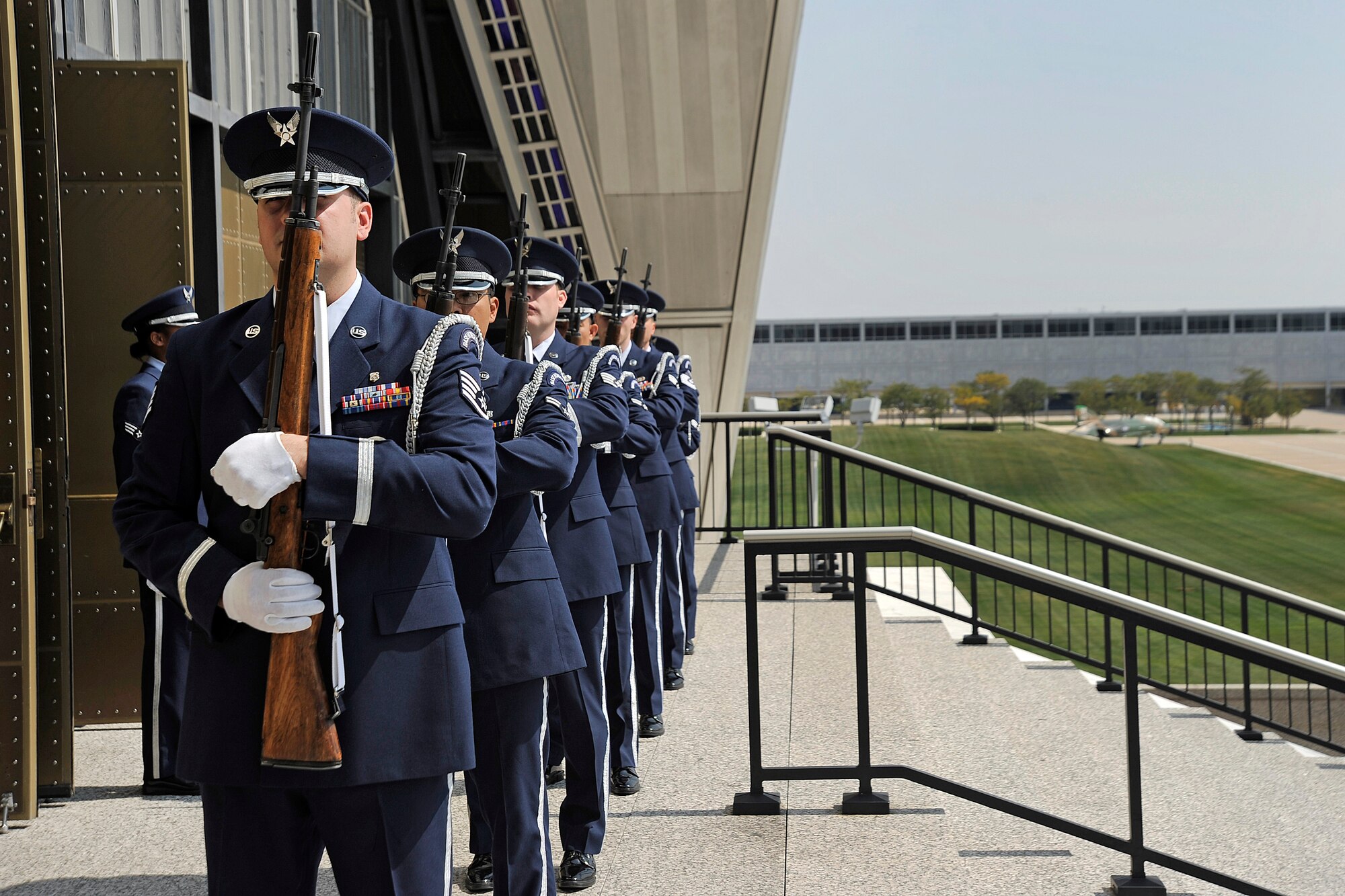 An Air Force Academy Honor Guard firing party stands ready during a memorial service at the Cadet Chapel Sept. 21, 2012. (U.S. Air Force photo/Sarah Chambers)