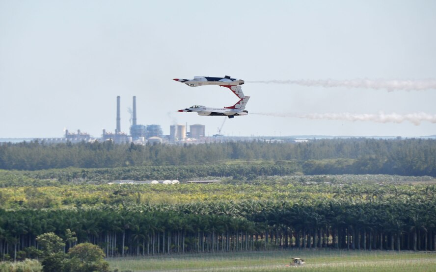 The U.S. Air Force Thunderbirds tear through the skies above Homestead Air Reserve Base during a practice, Nov. 1, in preparation for the 2012 Wings Over Homestead air show, Nov. 3 and 4. As one of the most largely attended air shows in the country, spectators should keep in mind traffic to and from the base may be congested. Performance hours will be 8 a.m. to 4:30 p.m. on both Saturday and Sunday. The gates open at 8 a.m. on both days. The base will not admit anyone after 3 p.m. due to the need to turn traffic lanes around after the show. For more information and a complete list of performers, visit www.wingsoverhomestead.com. For more information on Homestead ARB, visit www.homestead.afrc.af.mil. Friend Homestead ARB on Facebook and follow @Homestead_ARB on Twitter. (U.S. Air Force photo/Ross Tweten)