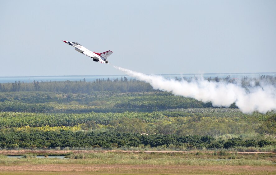 A U.S. Air Force Thunderbird tears through the skies above Homestead Air Reserve Base during a practice, Nov. 2, in preparation for the 2012 Wings Over Homestead air show, Nov. 3 and 4. As one of the most largely attended air shows in the country, spectators should keep in mind traffic to and from the base may be congested. Performance hours will be 8 a.m. to 4:30 p.m. on both Saturday and Sunday. The gates open at 8 a.m. on both days. The base will not admit anyone after 3 p.m. due to the need to turn traffic lanes around after the show. For more information and a complete list of performers, visit www.wingsoverhomestead.com. For more information on Homestead ARB, visit www.homestead.afrc.af.mil. Friend Homestead ARB on Facebook and follow @Homestead_ARB on Twitter. (U.S. Air Force photo/Ross Tweten)