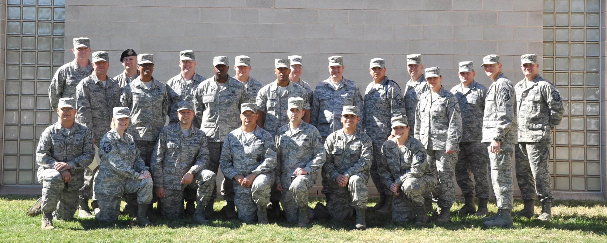 GODOFELLOW AIR FORCE BASE, Texas— Chief Master Sgt. Scott Lumpkin, 17th Training Wing Command Chief, poses with potential future First Sergeants from throughout the wing for a group photo following the conclusion of Goodfellow’s first Additional Duty First Sergeant Seminar, at the Event Center Nov. 1. Each Senior NCO was selected by their respective units for the training based on their outstanding leadership, sharp appearance and communication skills. (U.S. Air Force photo/Airman 1st Class Jessica Keith)  
