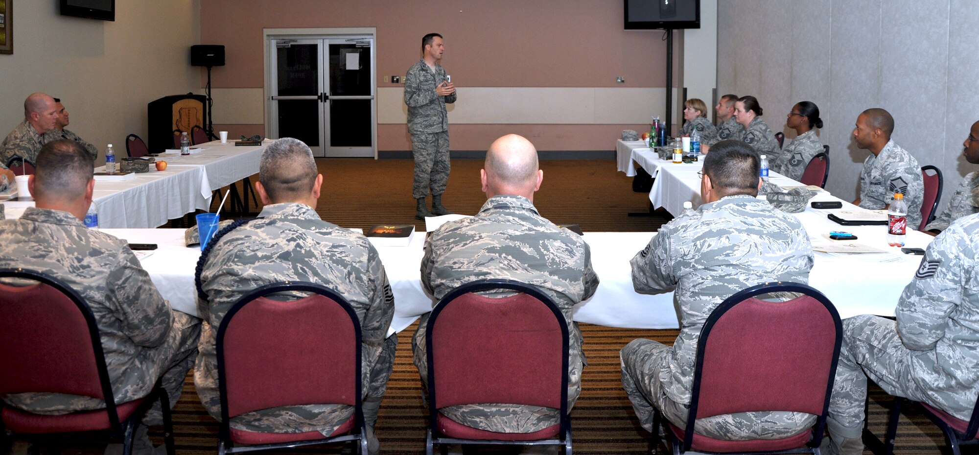 GOODFELLOW AIR FORCE, Texas—Col. Thomas Schmidt, 17th Training Wing Vice Commander, speaks to more than a dozen Senior NCOs at the first Additional Duty First Sergeant Seminar, at the Event Center Nov. 1. The four-day course trained potential future First Sergeants. (U.S. Air Force photo/Airman 1st Class Jessica Keith)