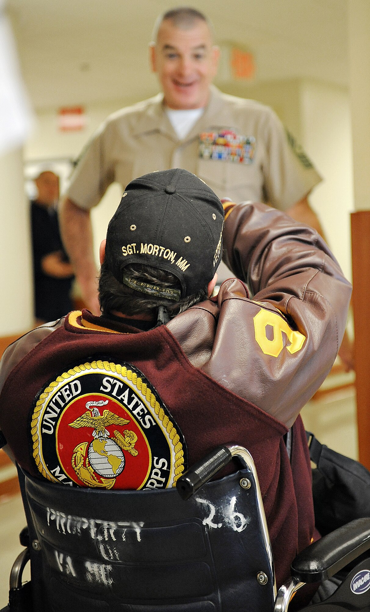 Sgt. Maj. Bryan Battaglia, Senior Enlisted Advisor to the Chairman Joint Chiefs of Staff, speaks with a former Marine while touring a physical medicine and rehabilitation center Oct. 31 in St. Louis, MO. Battaglia serves as the principal advisor to the Chairman and Secretary of Defense on all matters involving joint and combined total force integration, utilization, health of the force and joint development for enlisted personnel. (U.S. Air Force photo/Airman Kris Lynch)