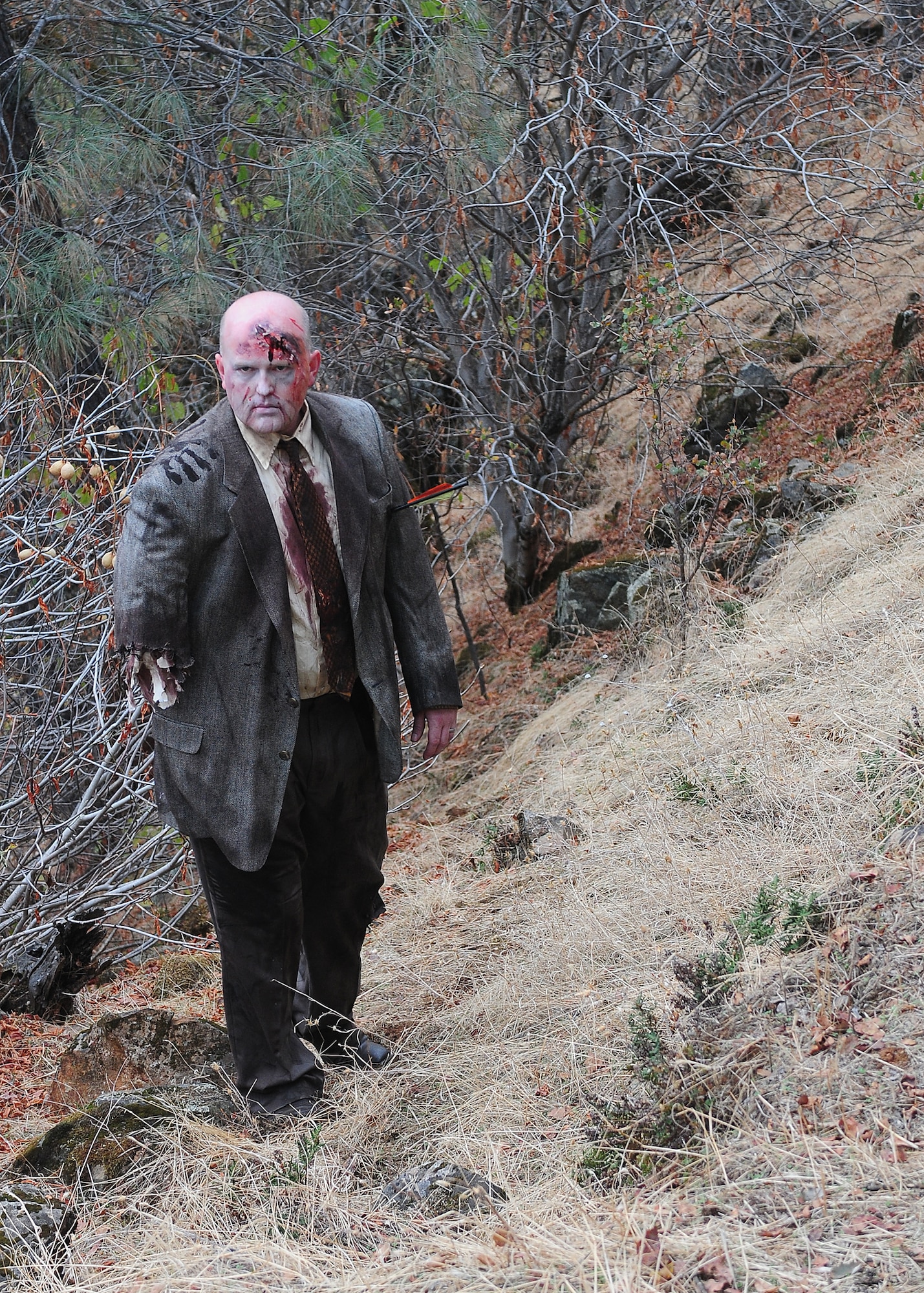 A Team Beale zombie wanders through the woods awaiting runners during the 2nd annual Zombie Run at Beale Air Force Base Calif., Oct. 31, 2012. The one-armed zombie also won 1st place for the best zombie costume during the event. (U.S. Air Force photo by Senior Airman Allen Pollard/Released)