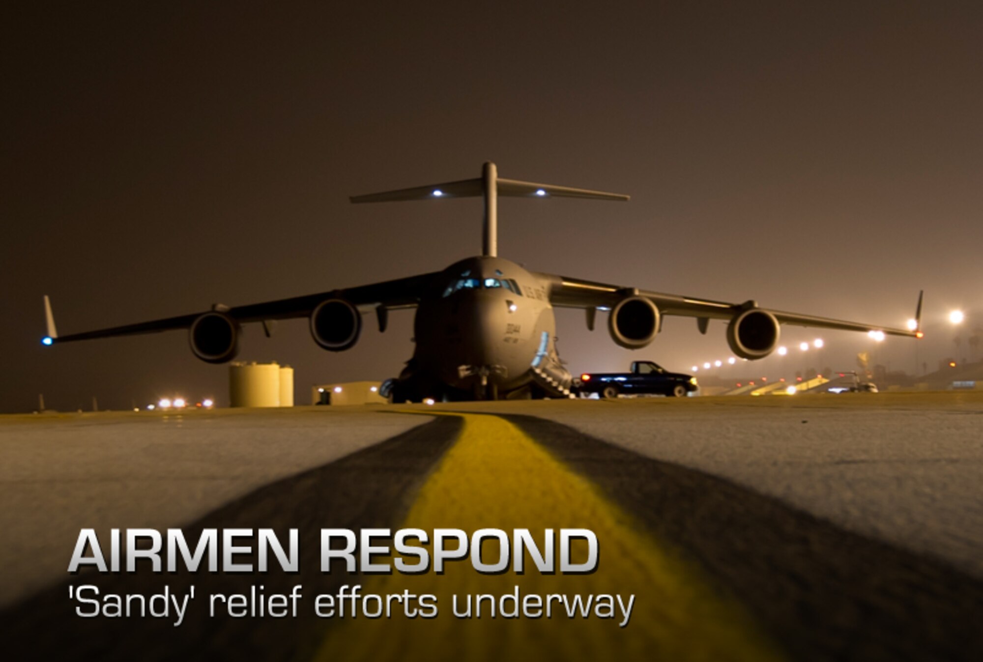 A C-17 Globemaster III arrives at March Air Reserve Base, Calif., in support of Hurricane Sandy relief efforts Nov. 1, 2012. Military bases across the nation are mobilizing to the northeast region of the country to restore electricity and provide humanitarian assistance, as currently more than 2 million people are without power. (U.S. Air Force photo/Staff Sgt. Caroline Hayworth)