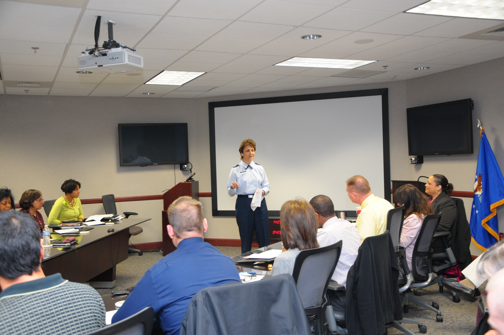 Col. Cassie Barlow, 88th Air Base Wing commander, leads a new Focus Week session called “Making Next Year Your Best” Oct. 18. The colonel is expected to lead a similar program during the January 2013 Focus Week.  (photo by Niki Jahns)