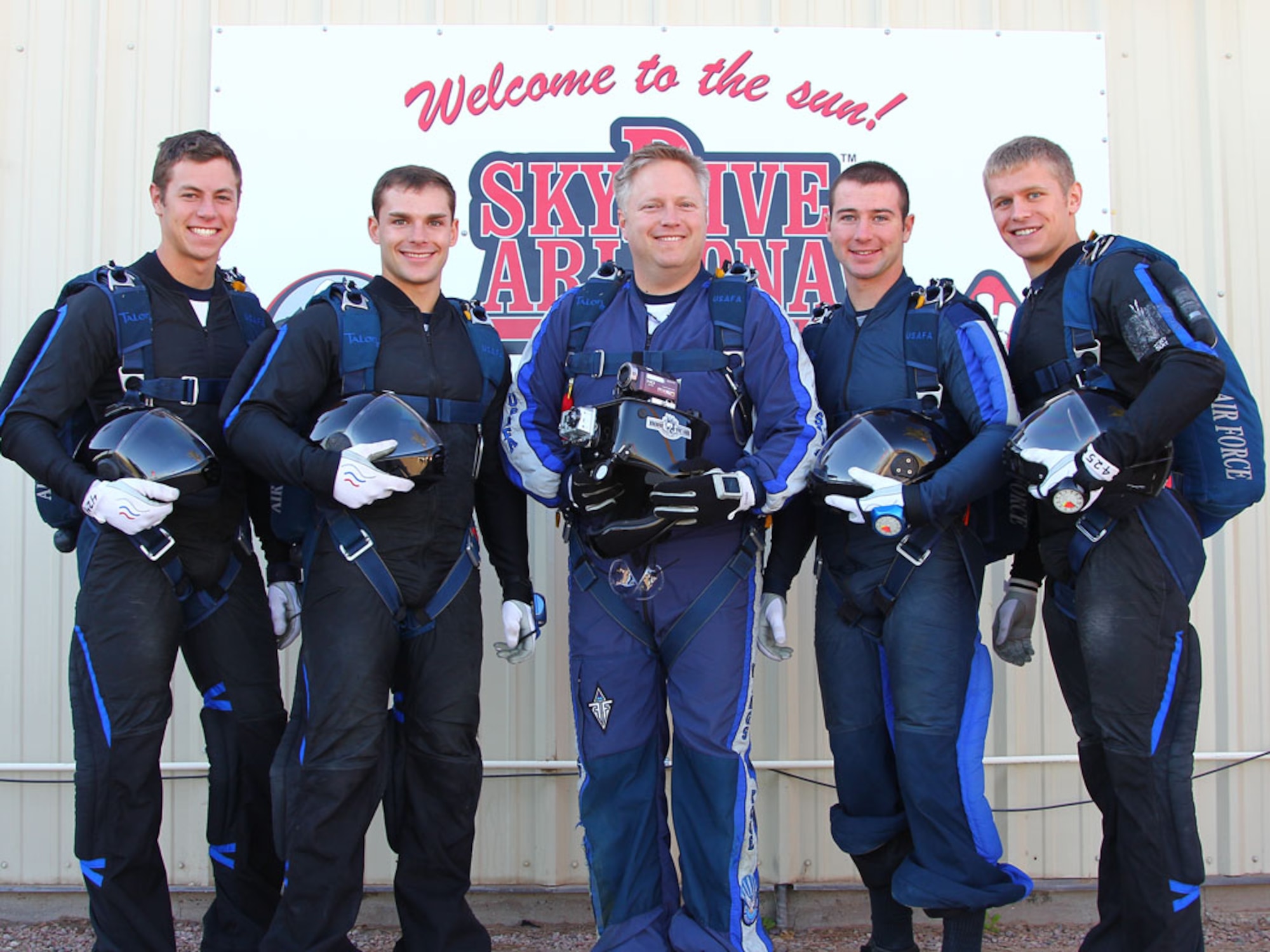 The Wings of Blue’s Air Force Legacy team took second place this week in the 4-Way Formation Skydiving (Advanced Category) at the U.S. Parachuting Association Nationals Competition.  The Wings of Blue is the U.S. Air Force’s Parachute Team and is operated by the 98th Flying Training Squadron at the U.S. Air Force Academy, Colo.  From left to right:  Cadets 1st Class Jeremy Krohngold and Travis Grindstaff,  team cameraman Master Sgt. Bryan Stokes, and Cadets 1st Class Brett Brunner and Kyle Land. (Courtesy Photo)