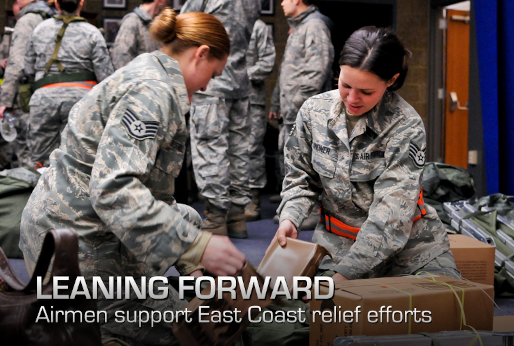 Air Force Staff Sgts. Jennifer Lindner and Amanda Surwillo pack meals, ready to eat, as they and fellow Airmen prepare for deployment as part of New York's response to Hurricane Sandy on Stewart Air National Guard Base in Newburgh, N.Y., Oct. 31, 2012. The Airmen are assigned to the 105th Airlift Wing and 213th Engineering Installation Squadron. (U.S. Air Force photo/Tech. Sgt. Michael O'Halloran)

