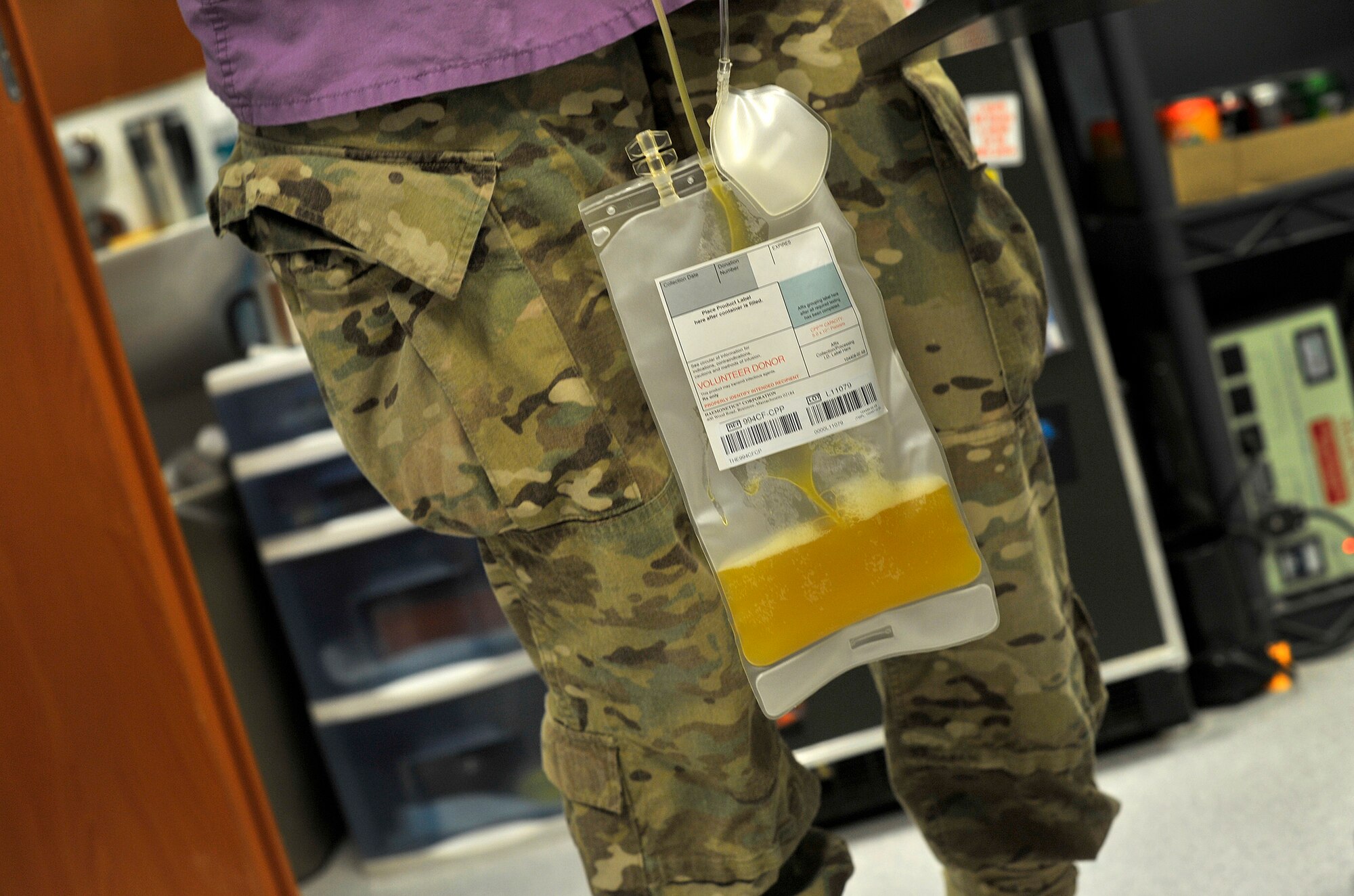 A U.S. Air Force member prepares a platelets donation for storage at the NATO Role 3 Hospital at Kandahar Airfield, Afghanistan, Oct. 25, 2012. Blood platelets are donated here at the Role 3 hospital in order to help trauma patients who are injured in combat. The apheresis section is managed by a U.S. Air Force five-member team that collects platelets from repeat donors, which in turn is used to help promote blood clotting in trauma patients at the Role 3 hospital and 14 Forward Operating Bases throughout Afghanistan. (U.S. Air Force photo/Staff Sgt. Clay Lancaster)