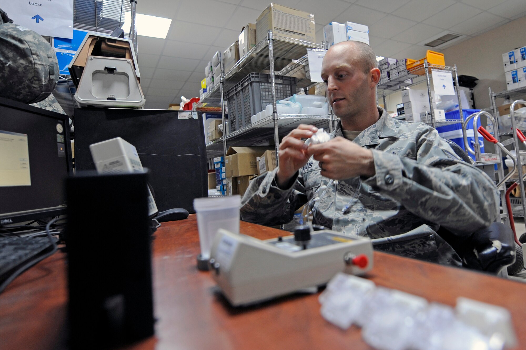 SOUTHWEST ASIA – Staff Sgt. William Ellis, 386th Expeditionary Medical Group clinical engineer non-commissioned officer-in-charge, repairs an infusion pump here Sept. 13. The pump keeps patients full of liquids and medication. The piece is part of patient movement items used for Contingency Aeromedical Staging Facility delivery for higher level of medical care. Ellis performs scheduled maintenance on medical equipment ensuring the items are safe to be used on patients and users. Ellis is the 386th Air Expeditionary Wing Rock Solid Warrior this week. (U.S. Air Force photo/Staff Sgt. Alexandra M. Boutte)