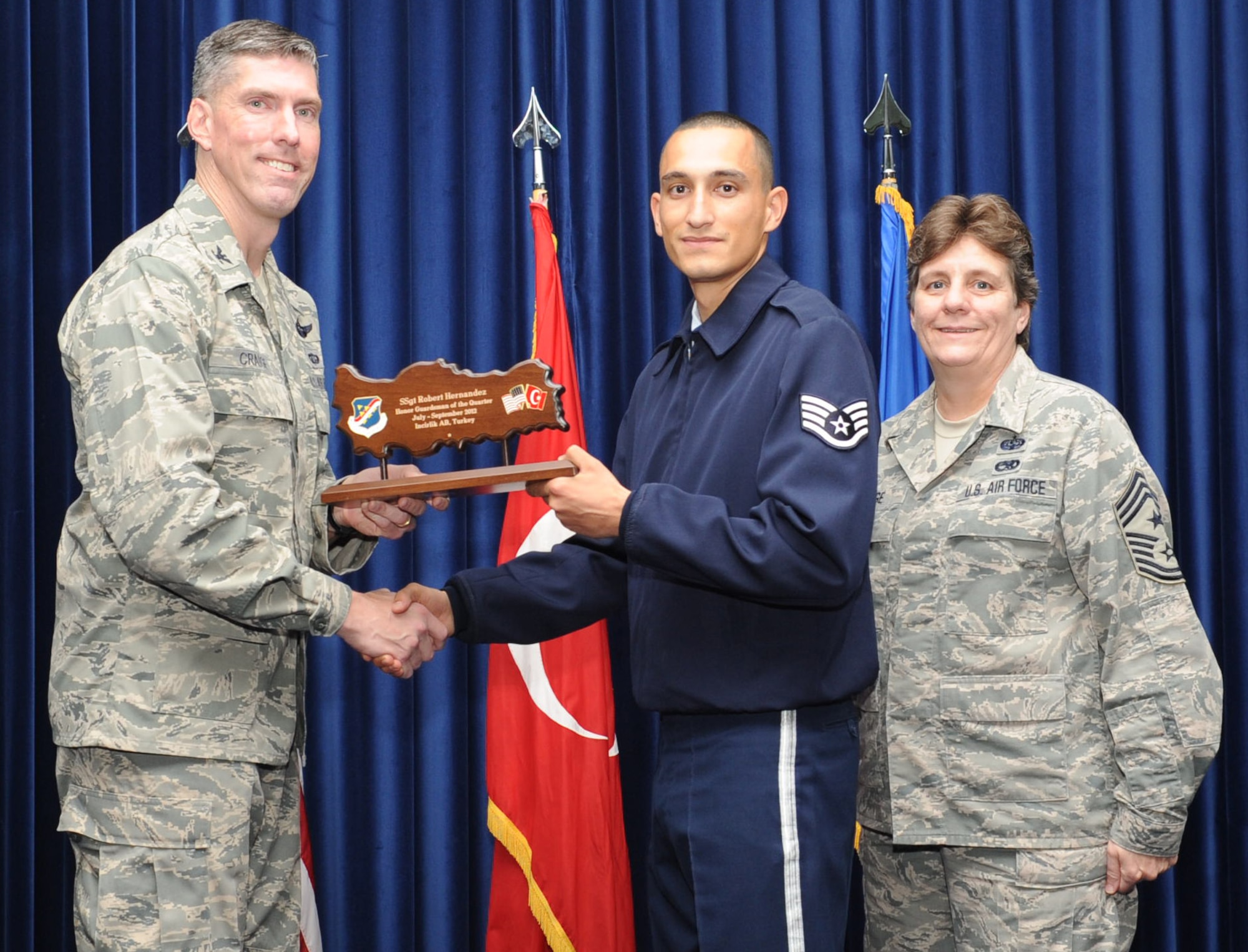 Staff Sgt. Robert Hernandez, 39th Communication Squadron, is presented an Honor Guardsmen of the Quarter Award at the club complex ballroom Oct. 31, 2012 at Incirlik Air Base, Turkey. Quarterly award and promotion ceremonies are a time-honored tradition across all branches of the armed forces. (U.S. Air Force photo by Senior Airman Daniel Phelps/ Released)