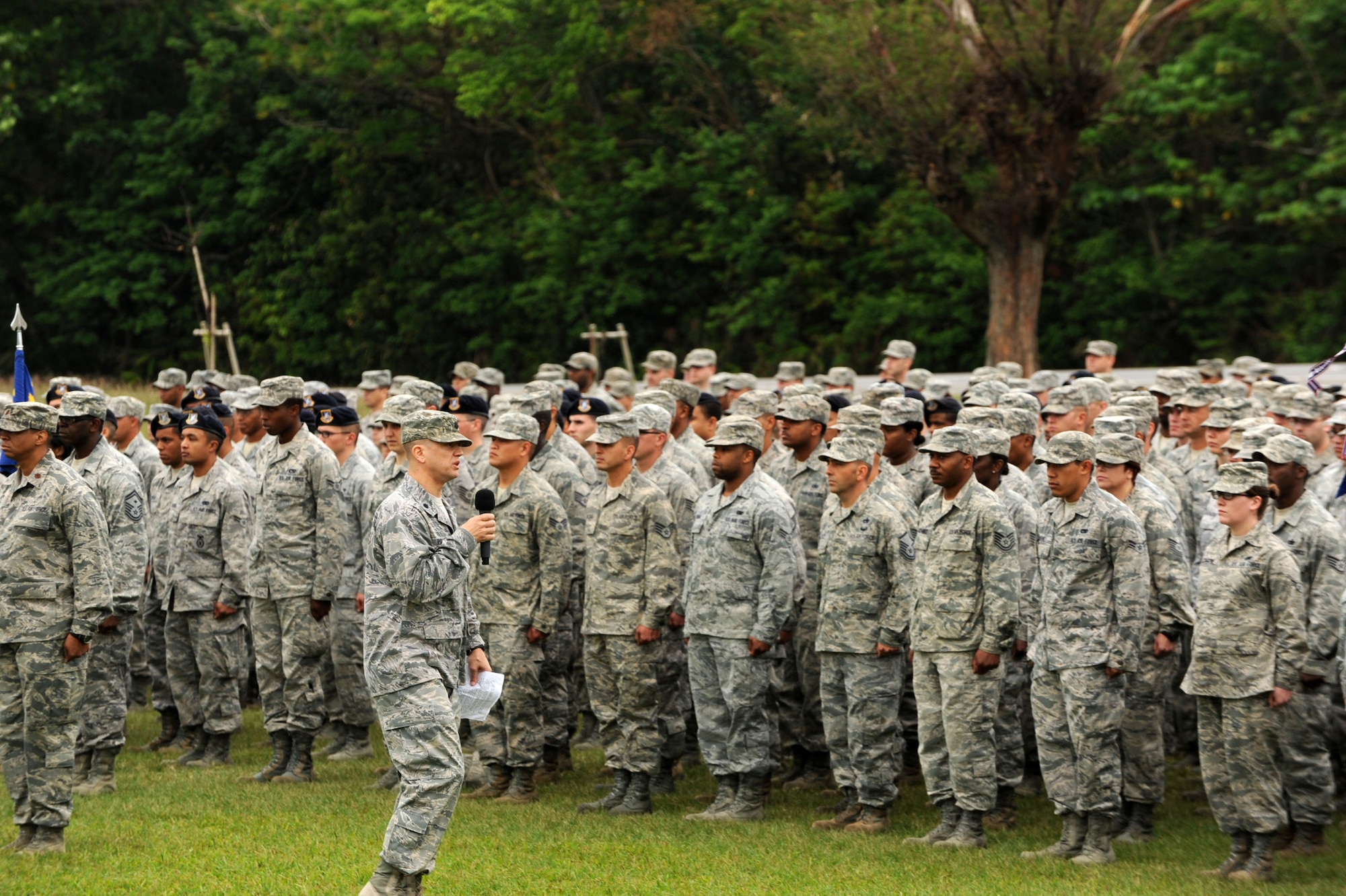 KADENA AIR BASE, Japan – Lt. Col. Peter Pollock, 18th Mission Support Group vice commander, briefs a formation of 18th MSG Airmen during a commander’s call at Kadena Air Base, Japan, Nov. 2, 2012. Kadena leadership held commanders calls for nearly 6,000 Airmen to explain how off-base incidents can impact the U.S./Okinawan relationship and undermine the wing's ability to conduct its mission in the region. The briefing also reminded them of the curfew policy in place and the need for all Airmen to be good ambassadors.  (U.S. Air Force photo/Airman 1st Class Brooke Beers)