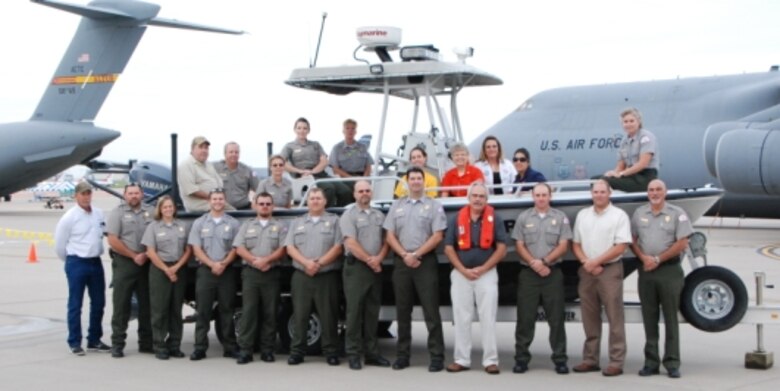 The U.S. Army Corps of Engineers personnel and volunteers on the morning of the first day of the McConnell Air Force Base Air Show and Open House held Sept. 29 & 30. More than two dozen team members from the division and its four districts, the Kansas City District, and the National Water Safety Team staffed a 150 foot by 100 foot area during the two day event where more than 100 thousand military members, their dependents, and the public present at the overall event.