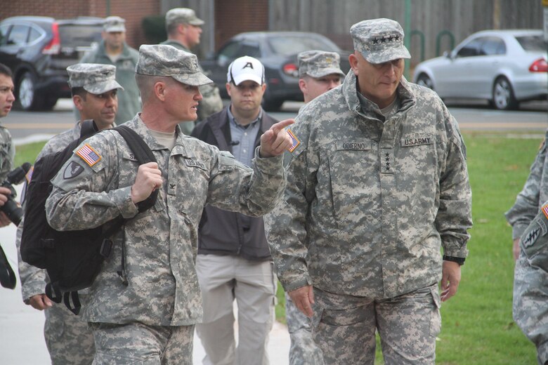 Col. Kent Savre, commander of the U.S. Army Corps of Engineers North Atlantic Division and the Chief of Staff of the U.S. Army. General Raymond T. Odierno, arrive at the Corps' division headquarters at Fort Hamilton, NY, Nov. 2. Gen. Odierno arrived to receive a briefing by Col. Savre before heading to New York City to see the Corps' operations there. (U.S. Army photo by Justin Ward)
