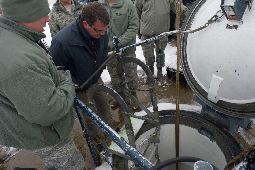 Deputy Defense Secretary Ashton B. Carter looks down the entrance of a missile silo while touring Minot Air Force Base, N.D., Nov. 2, 2012.
