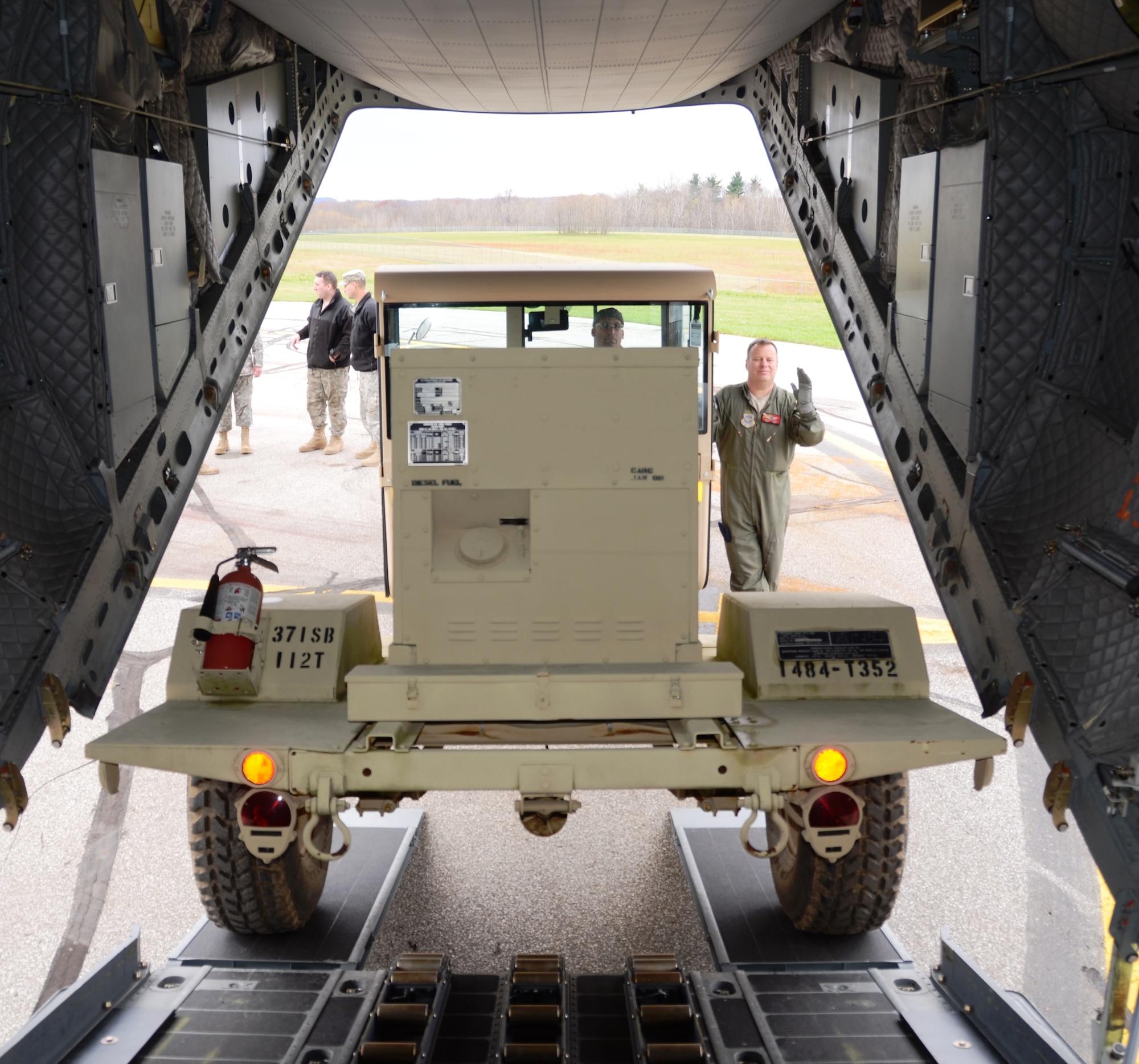 Master Sgt. Matt Kerstetter loads an electrical generator onto a waiting C-27J Spartan at the Akron-Canton Airport in Ohio on Saturday, November 3, 2012. The mission critical equipment is being transported by the Maryland Air National Guard for relief efforts in New York City due to Hurricane Sandy. (National Guard photo by Tech. Sgt. David Speicher)