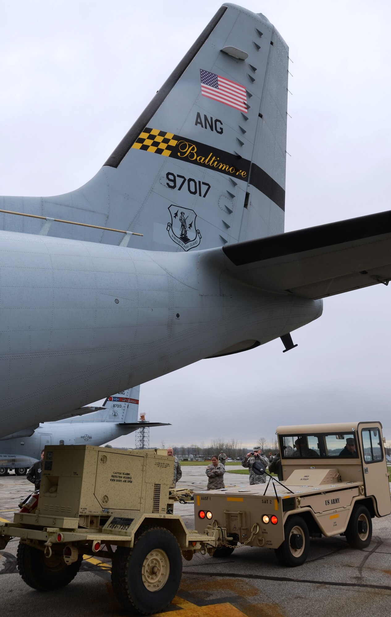 An electrical generator is loaded to a waiting C-27J Spartan at the Akron-Canton Airport in Ohio on Saturday, November 3, 2012. The mission critical equipment is being transported by the Maryland Air National Guard for relief efforts in New York City due to Hurricane Sandy. (National Guard photo by Tech. Sgt. David Speicher)