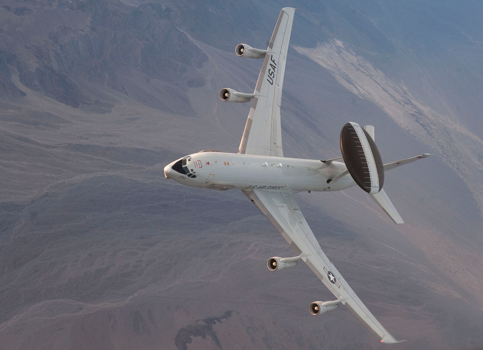 An E-3 Sentry airborne warning and control system aircraft, 963rd Airborne Air Control Squadron, Tinker Air Force Base, Okla., participates in a training sortie during the Green Flag-West 13-2 exercise Nov. 1, 2012. The AWACS plays a significant role in the exercise by using their unique capabilities to monitor and support many aspects of both air and ground force maneuvers. (U.S. Air Force photo by Staff Sgt. Christopher Hubenthal)
