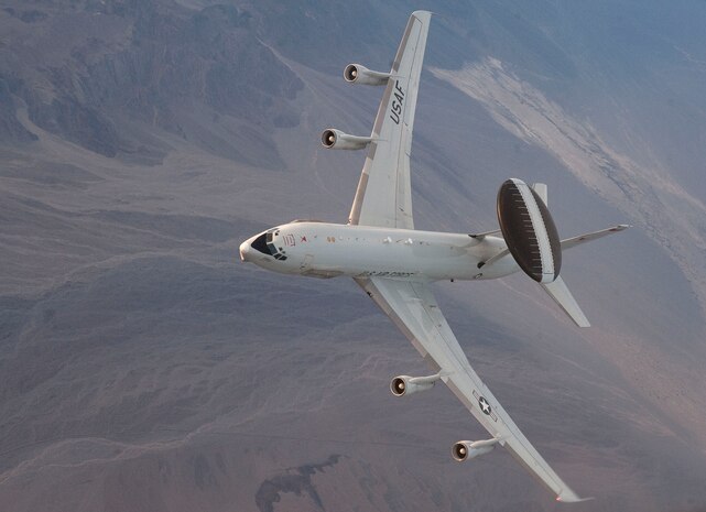 An E-3 Sentry airborne warning and control system aircraft, 963rd Airborne Air Control Squadron, Tinker Air Force Base, Okla., participates in a training sortie during the Green Flag-West 13-2 exercise Nov. 1, 2012. The AWACS plays a significant role in the exercise by using their unique capabilities to monitor and support many aspects of both air and ground force maneuvers. (U.S. Air Force photo by Staff Sgt. Christopher Hubenthal)
