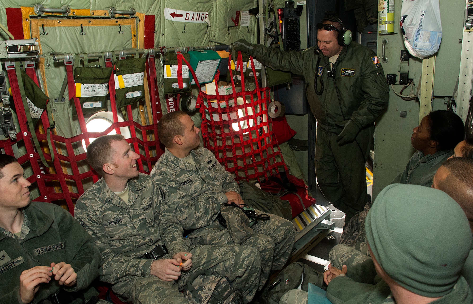 A 10-person team made up of maintenance and supply personnel from the 436th Airlift Wing prepare to take off on a C-130 Hercules en route to John F. Kennedy International Airport Nov. 3, 2012, at Dover Air Force Base, Del. The airplane and flight crew are from the 133rd Airlift Wing, Minnesota Air National Guard. The purpose of the mission is to provide maintenance to C-5 Galaxy’s in support of U.S. Northern Command hurricane relief operations in New York. (U.S. Air Force photo by Tech. Sgt. Chuck Walker)