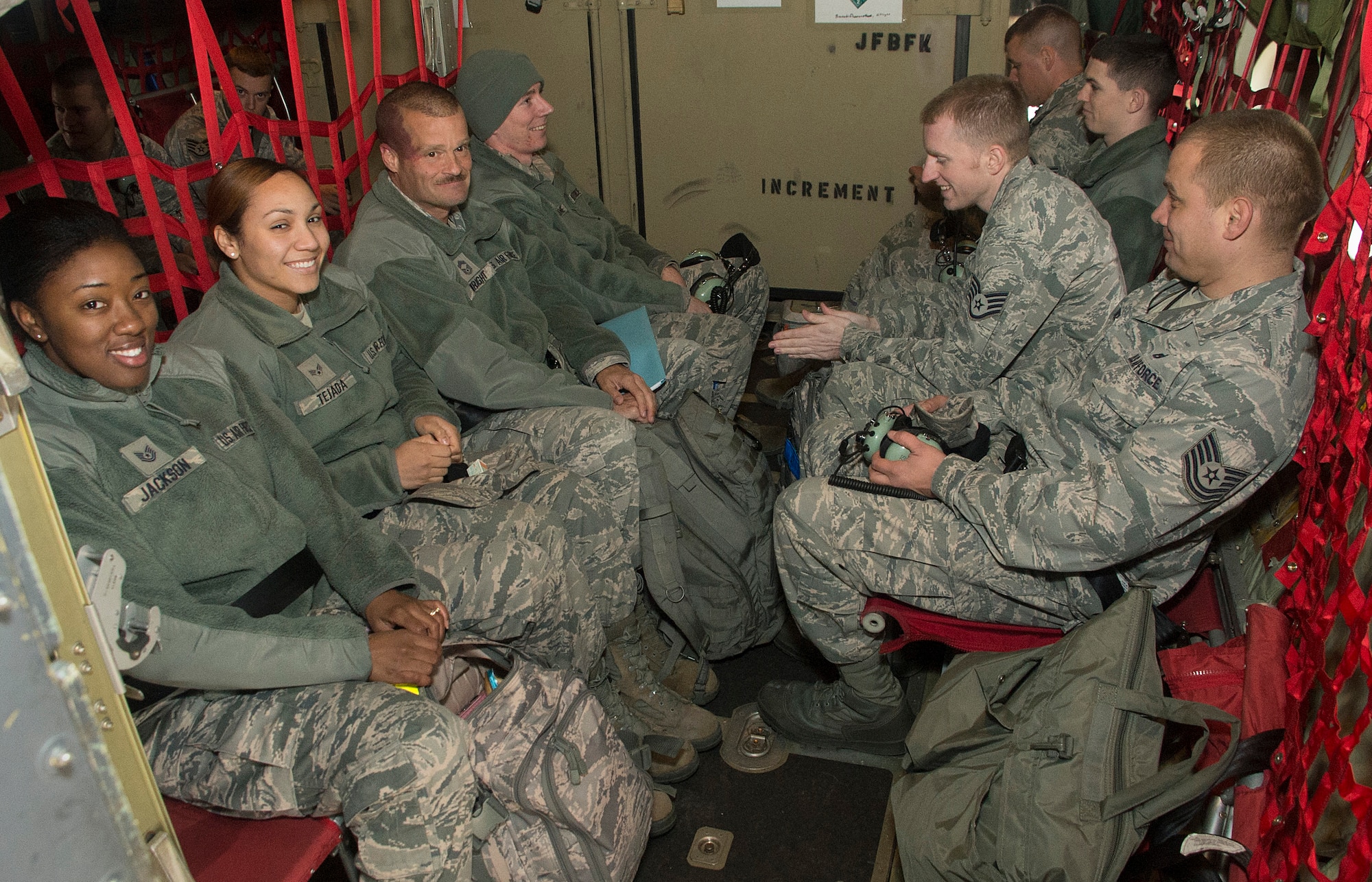 A 10-person team made up of maintenance and supply personnel from the 436th Airlift Wing prepare to take off on a C-130 Hercules en route to John F. Kennedy International Airport Nov. 3, 2012, at Dover Air Force Base, Del. The airplane and flight crew are from the 133rd Airlift Wing, Minnesota Air National Guard. The purpose of the mission is to provide maintenance to C-5 Galaxy’s in support of U.S. Northern Command hurricane relief operations in New York. (U.S. Air Force photo by Tech. Sgt. Chuck Walker)