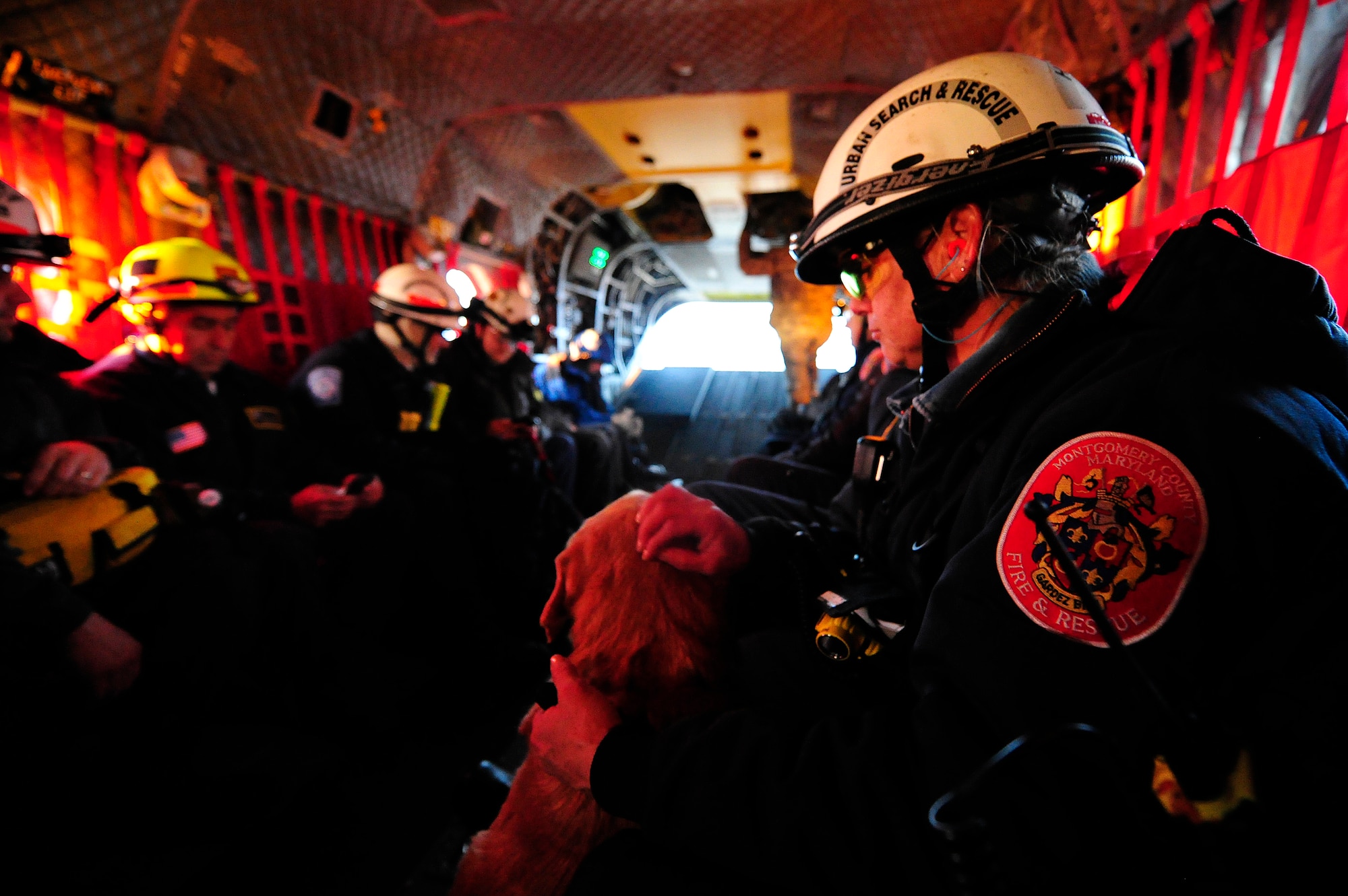 JOINT BASE MCGUIRE-DIX-LAKEHURST, N.J. – Members of Maryland Urban Search and Rescue Task Force one fly aboard a U.S. Army CH-47 helicopter assigned to the Georgia Army National Guard from Joint Base McGuire-Dix-Lakehurst, N.J. to Staten Island, N.Y. to conduct house-to-house searches, Nov 3, 2012.  Maryland Task Force one is part of the National Search and Rescue Task Force recovery effort in the aftermath of hurricane Sandy.  (U.S. Air Force photo by Tech. Sgt. Parker Gyokeres/Released)